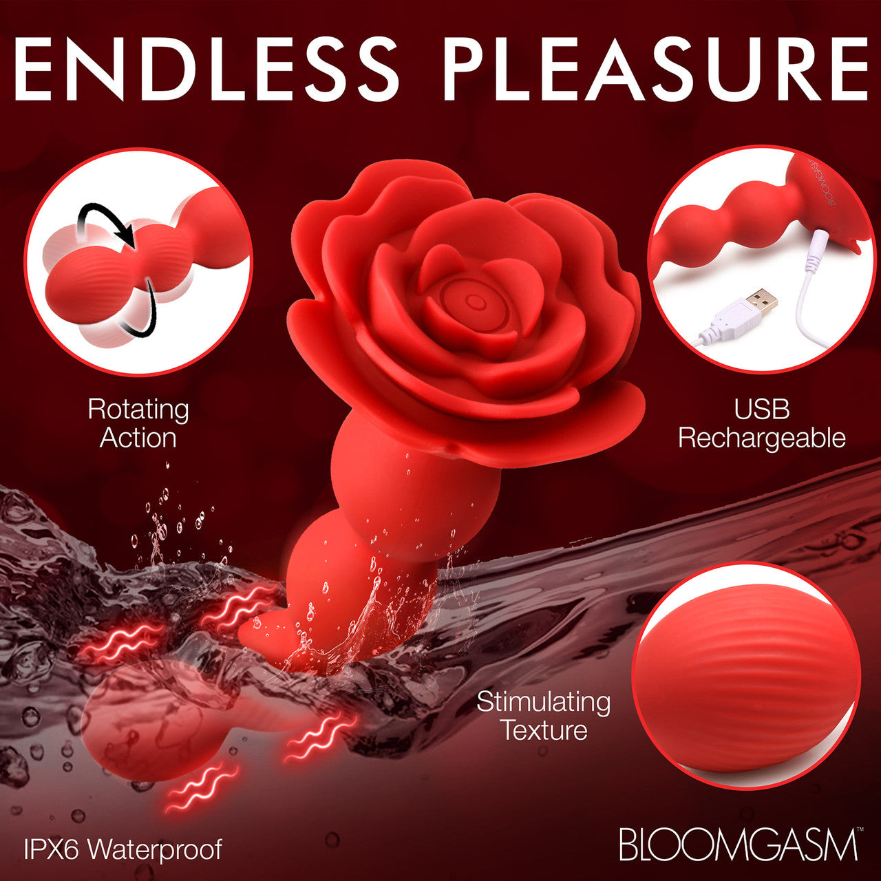 Bloomgasm Rose Twirl 10X Vibrating & Rotating Rechargeable Silicone Anal Beads - Red