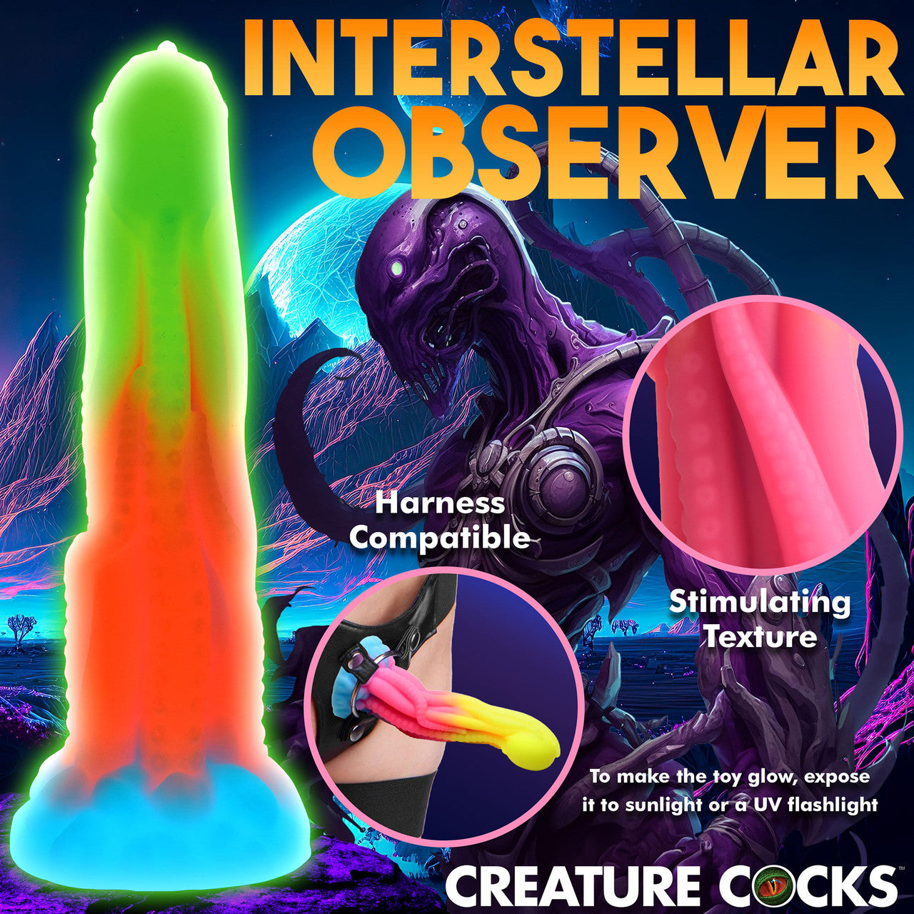 Tenta-Glow 8.5" Silicone Glow In The Dark Suction Cup Dildo By Creature Cocks