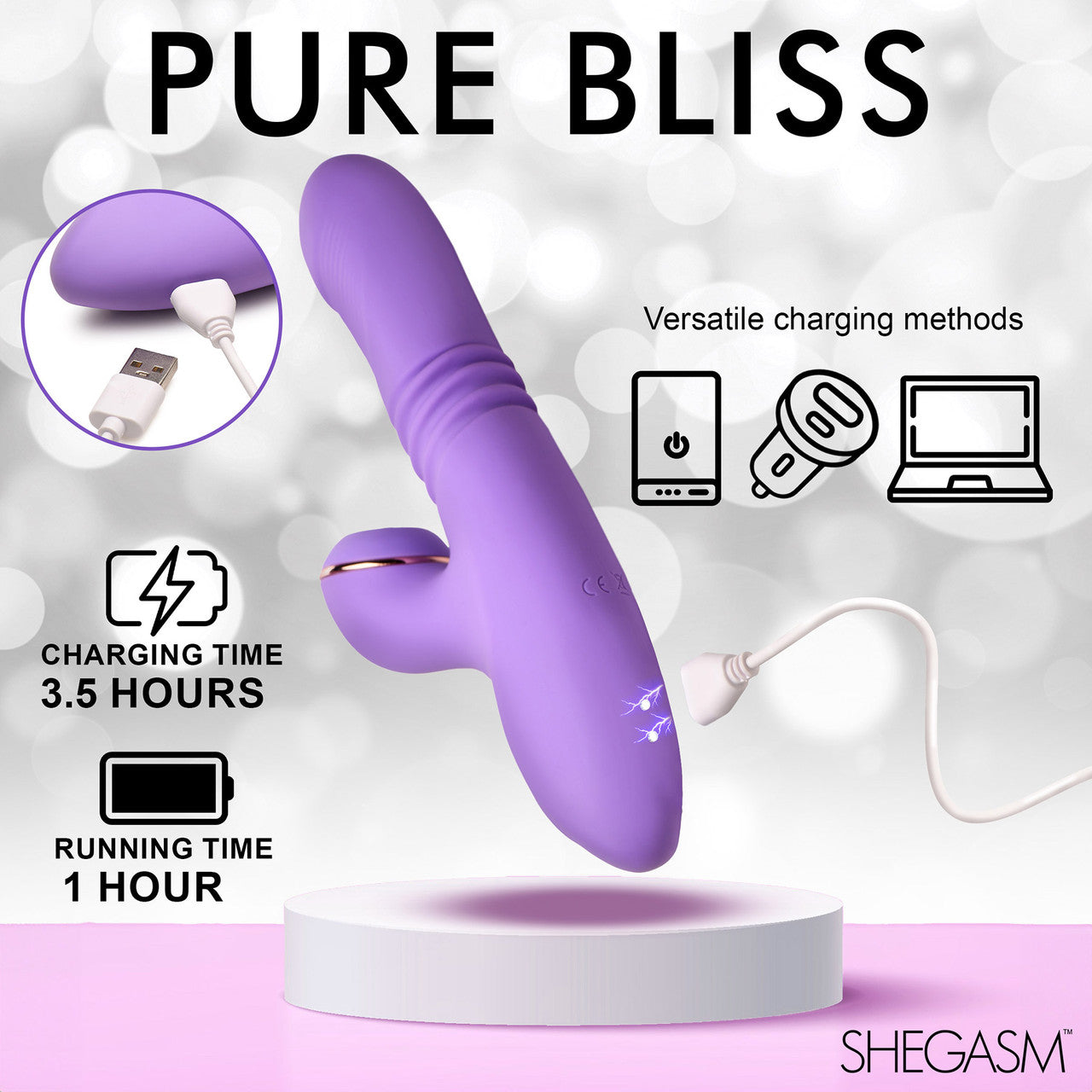 Shegasm Pro-Thrust Max Rechargeable Silicone Thrusting Warming Pulsing Rabbit Vibrator - Purple