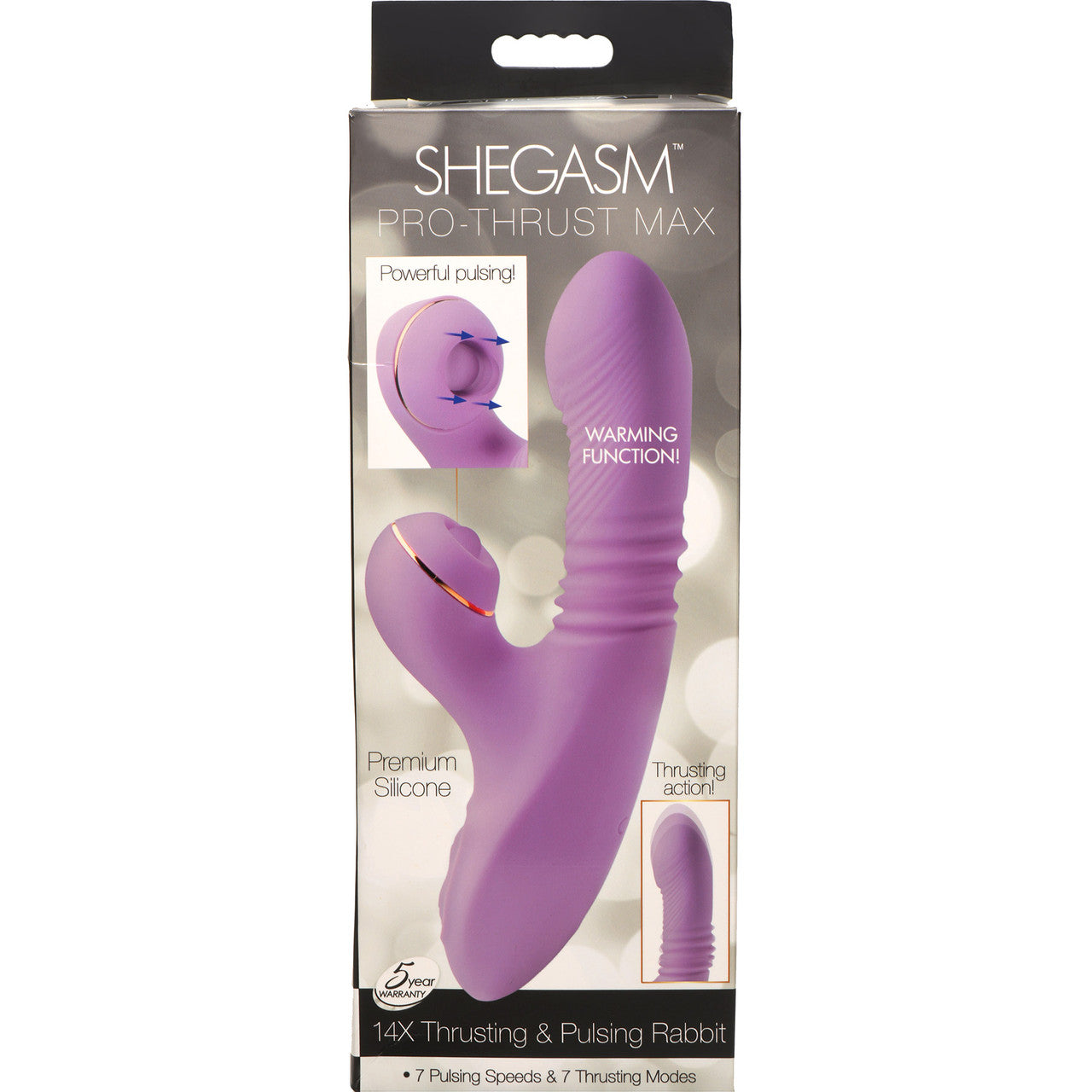 Shegasm Pro-Thrust Max Rechargeable Silicone Thrusting Warming Pulsing Rabbit Vibrator - Purple