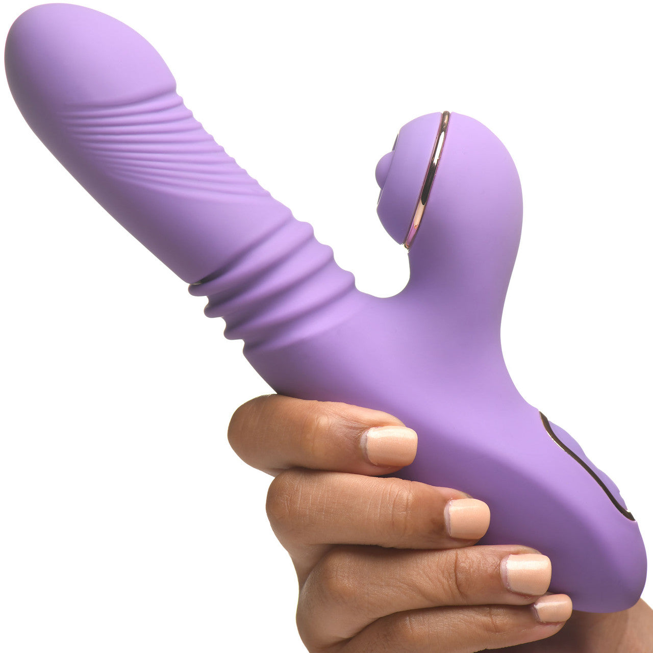 Shegasm Pro-Thrust Max Rechargeable Silicone Thrusting Warming Pulsing Rabbit Vibrator - Purple