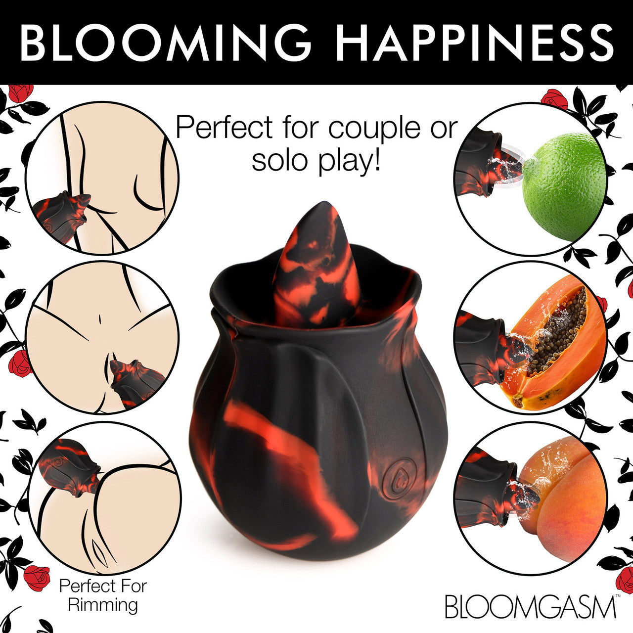 Bloomgasm Black Kiss Rimming Rose Rechargeable Flickering Tongue Vibrator - Black & Red