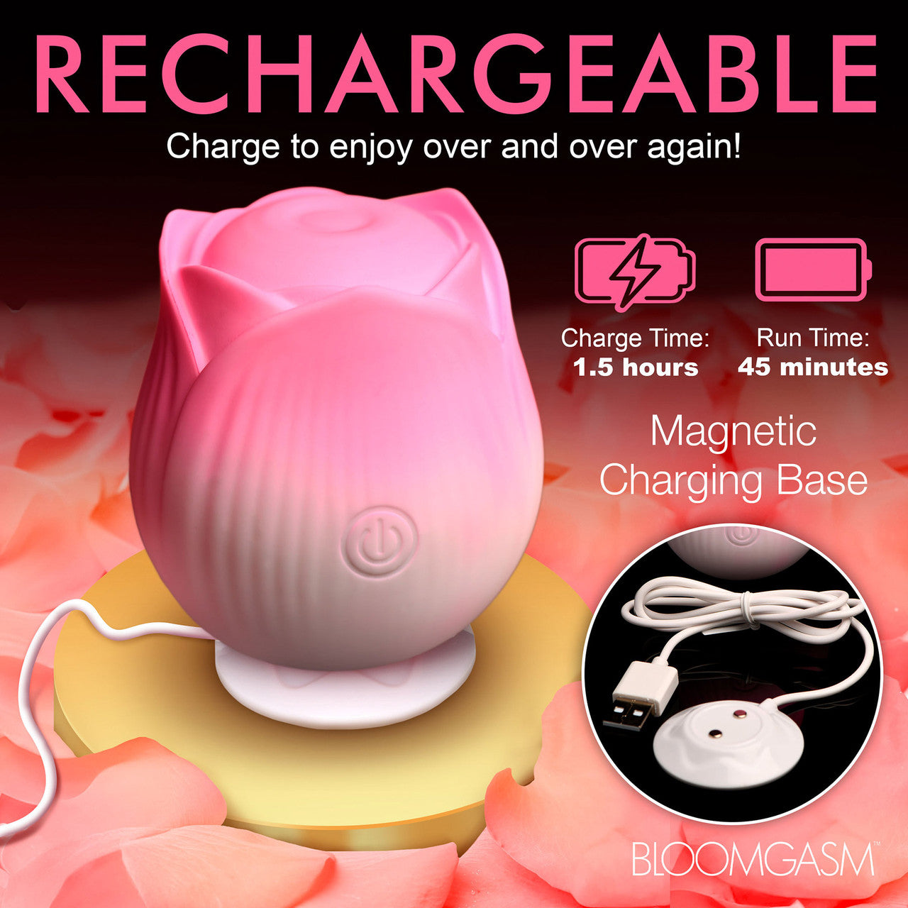 Bloomgasm Pulsing Petals Throbbing Rose Stimulator Rechargeable Clitoral Vibrator - Pink & White