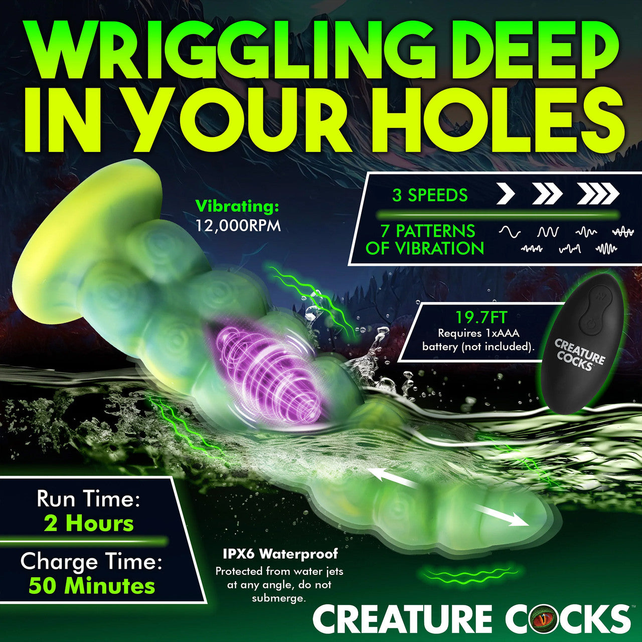 Squirmer Rechargeable Thrusting & Vibrating Silicone Suction Cup Dildo With Remote By Creature Cocks