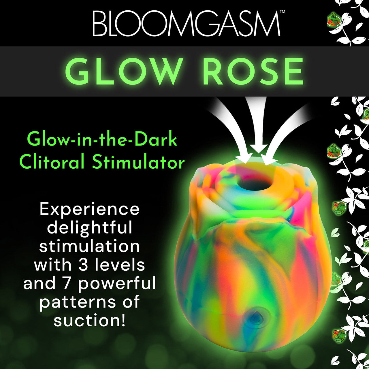 Bloomgasm Glow Rose Glow In The Dark Rechargeable Clitoral Pressure Wave Stimulator - Rainbow