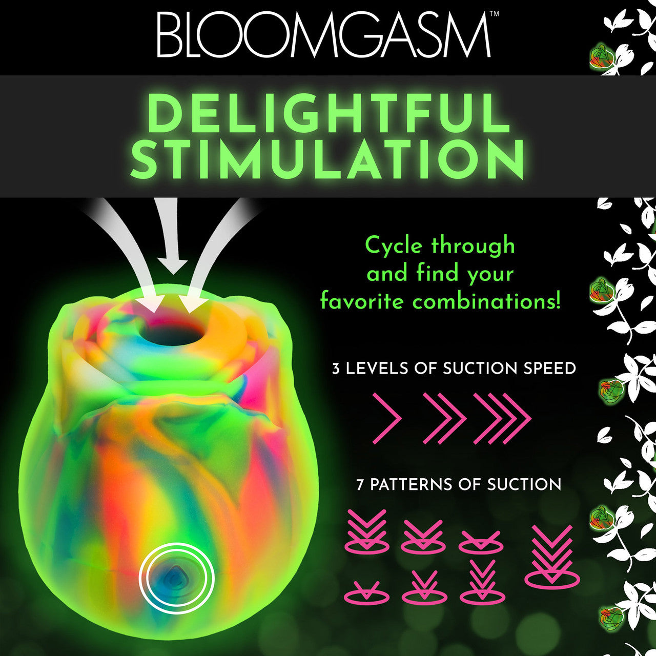 Bloomgasm Glow Rose Glow In The Dark Rechargeable Clitoral Pressure Wave Stimulator - Rainbow