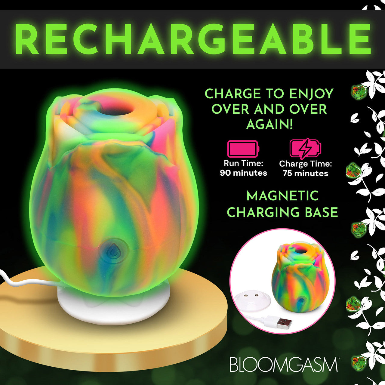 Bloomgasm Glow Rose Glow In The Dark Rechargeable Clitoral Pressure Wave Stimulator - Rainbow