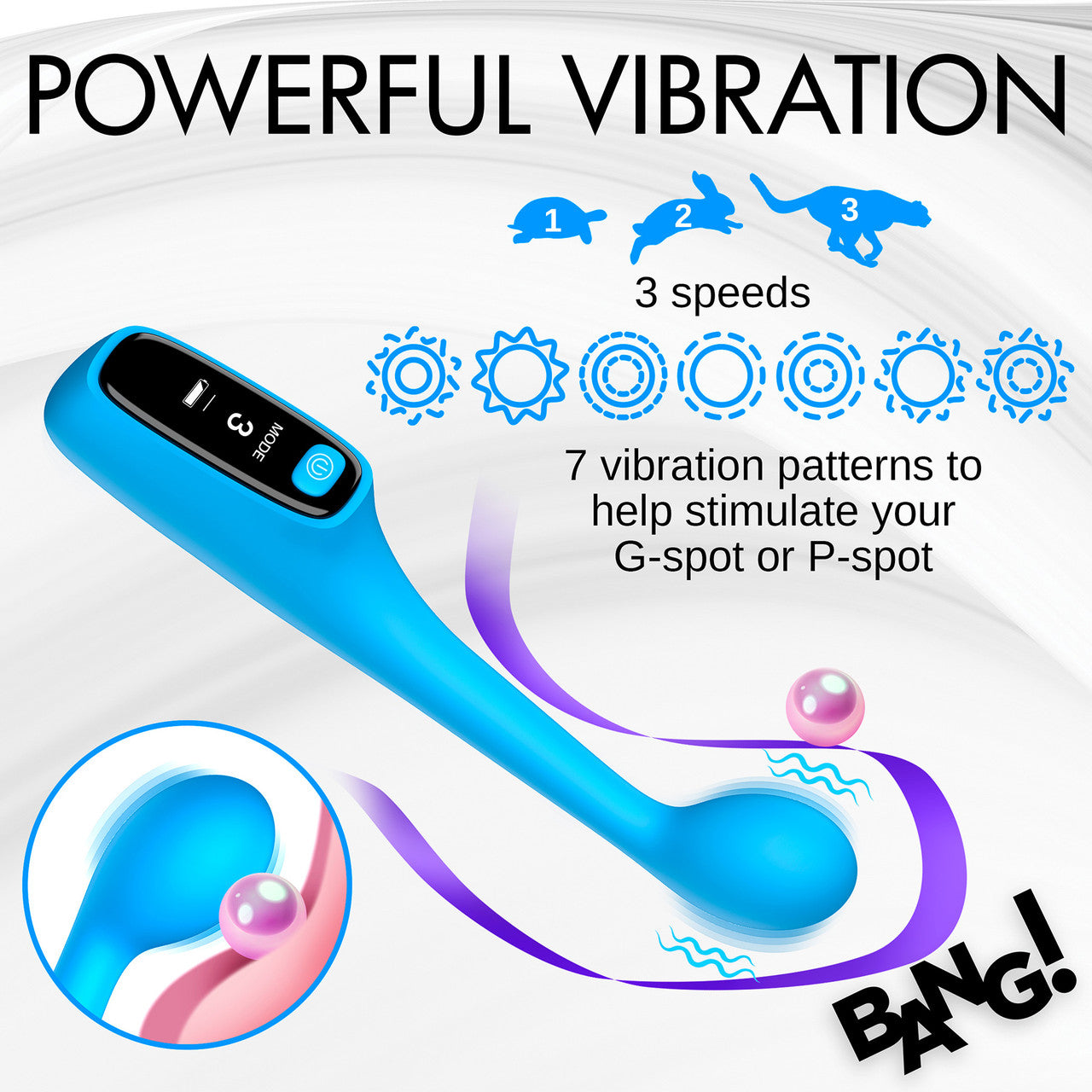 BANG! Digital Display Rechargeable Waterproof Silicone G-Spot Vibrator - Blue