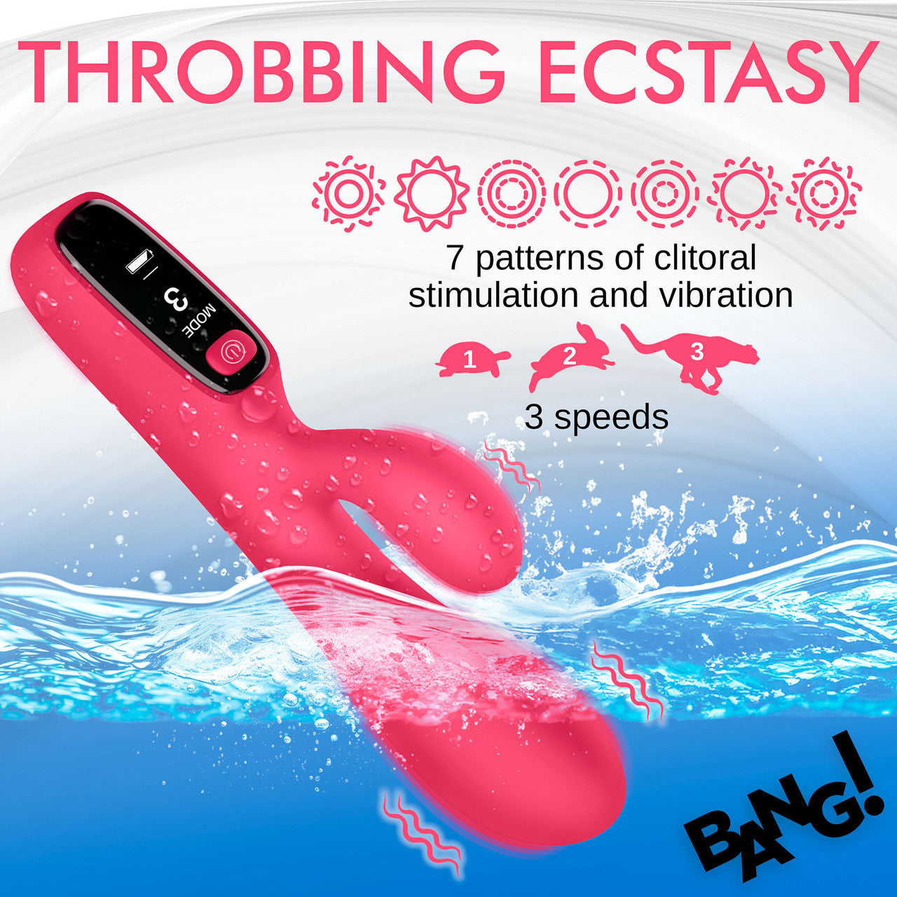 BANG! Digital Display Rechargeable Waterproof Silicone Dual Stimulation Vibrator - Pink