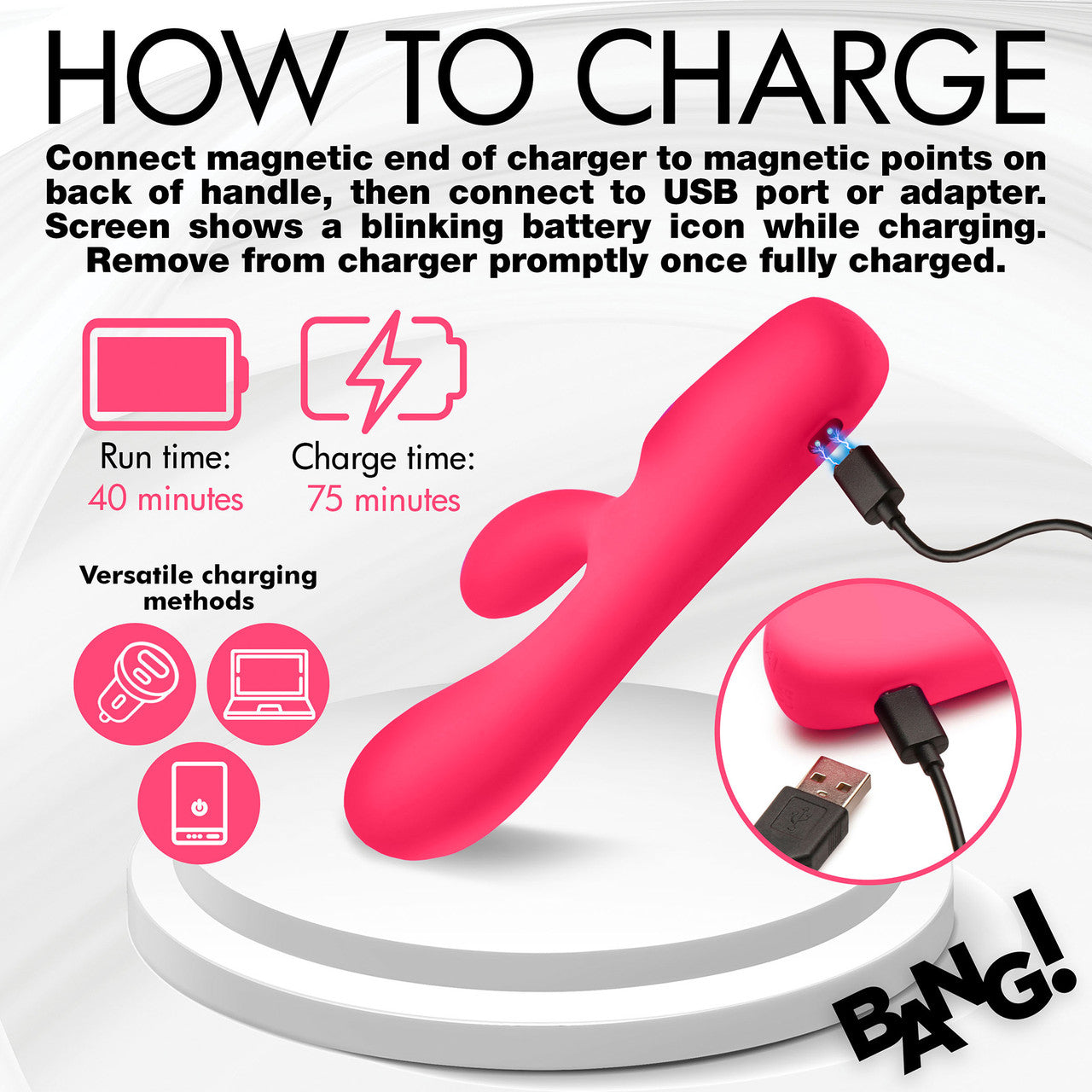 BANG! Digital Display Rechargeable Waterproof Silicone Dual Stimulation Vibrator - Pink