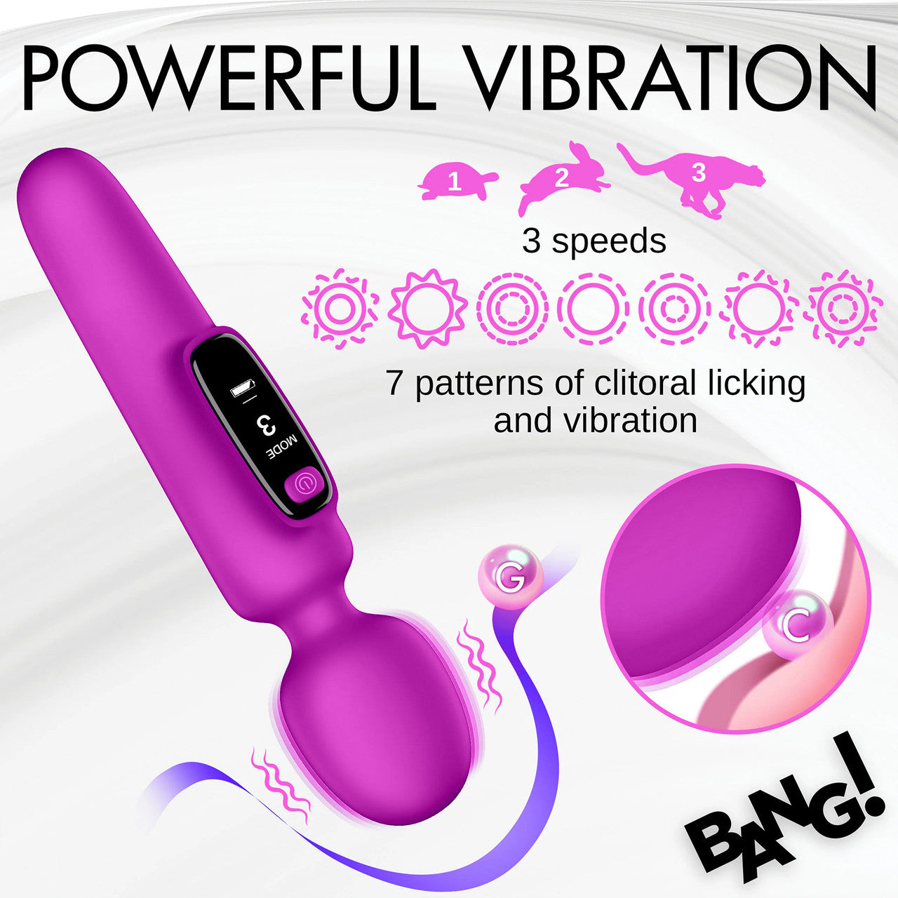 BANG! Digital Display Rechargeable Waterproof Silicone Wand Style Vibrator - Purple