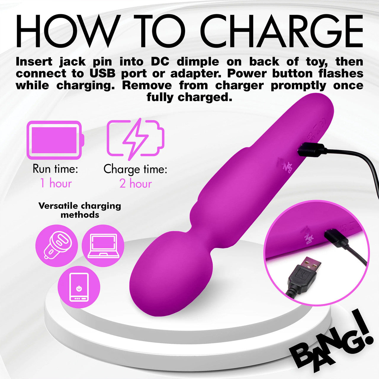 BANG! Digital Display Rechargeable Waterproof Silicone Wand Style Vibrator - Purple