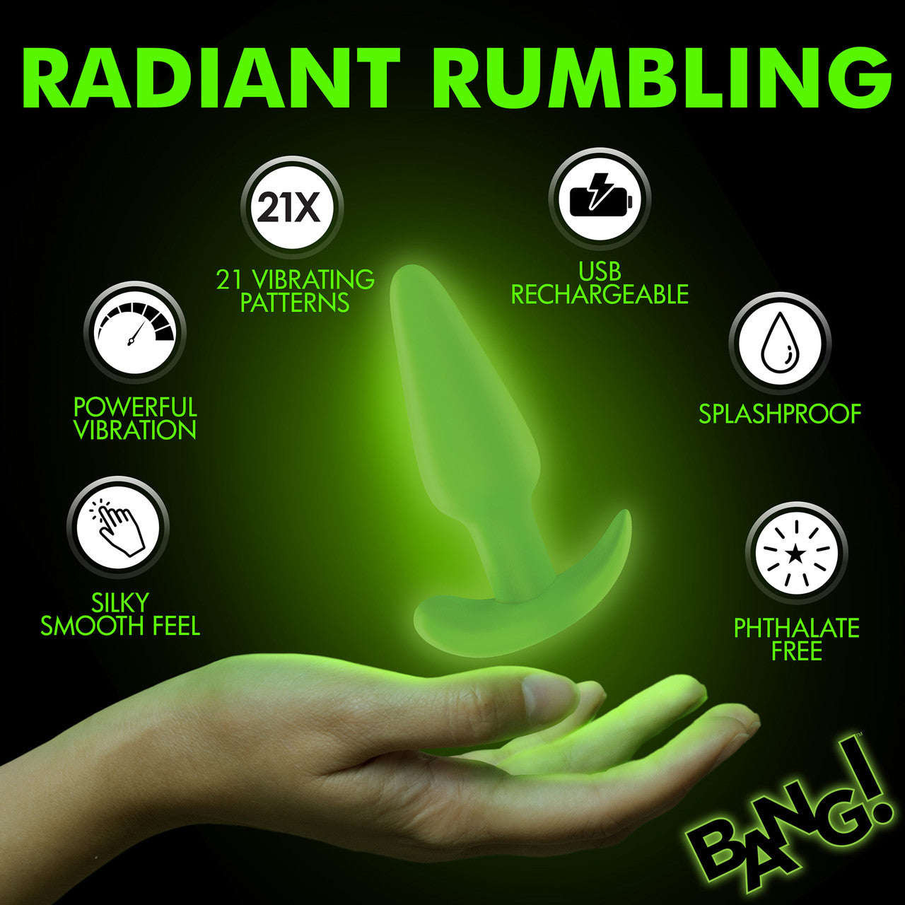 BANG! 21X Rechargeable Waterproof Vibrating Glow In The Dark Silicone Butt Plug With Remote - Green