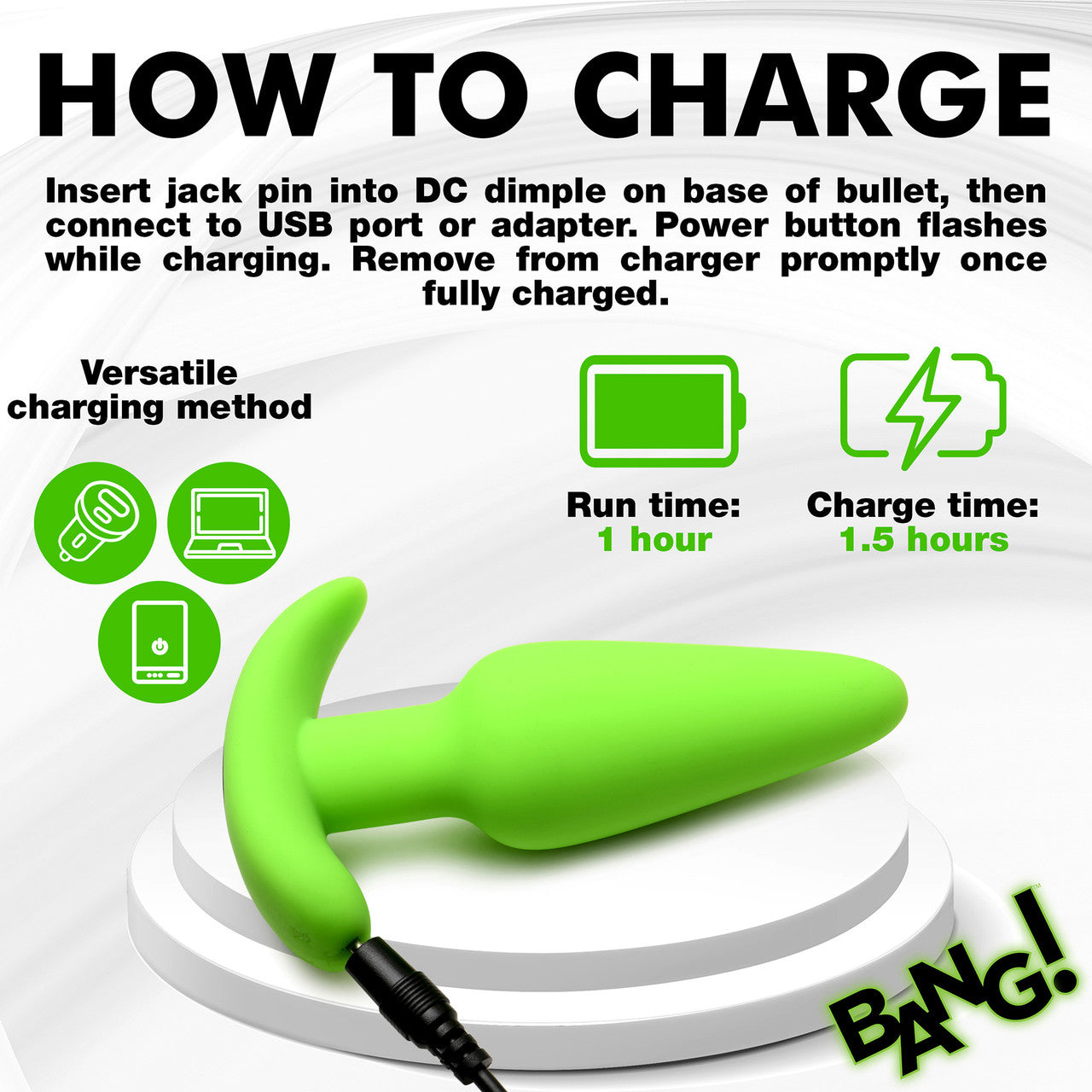 BANG! 21X Rechargeable Waterproof Vibrating Glow In The Dark Silicone Butt Plug With Remote - Green