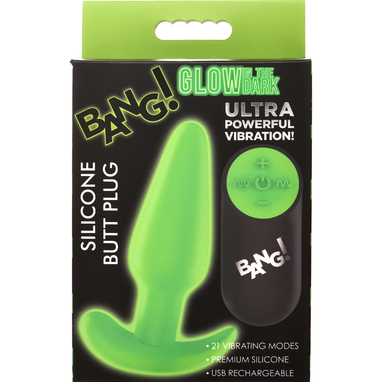 BANG! 21X Rechargeable Waterproof Vibrating Glow In The Dark Silicone Butt Plug With Remote - Green