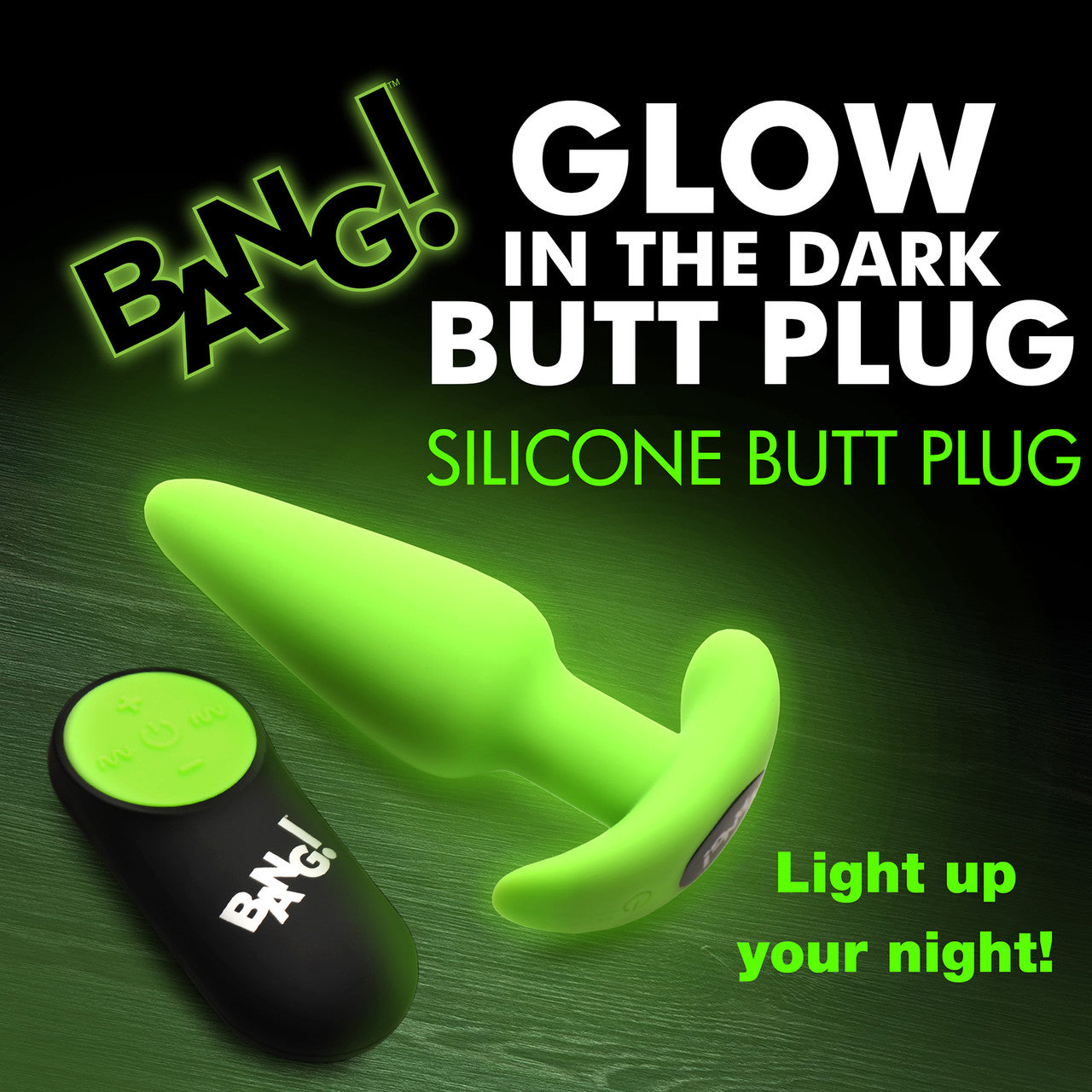 BANG! 21X Rechargeable Waterproof Vibrating Glow In The Dark Silicone Butt Plug With Remote - Green