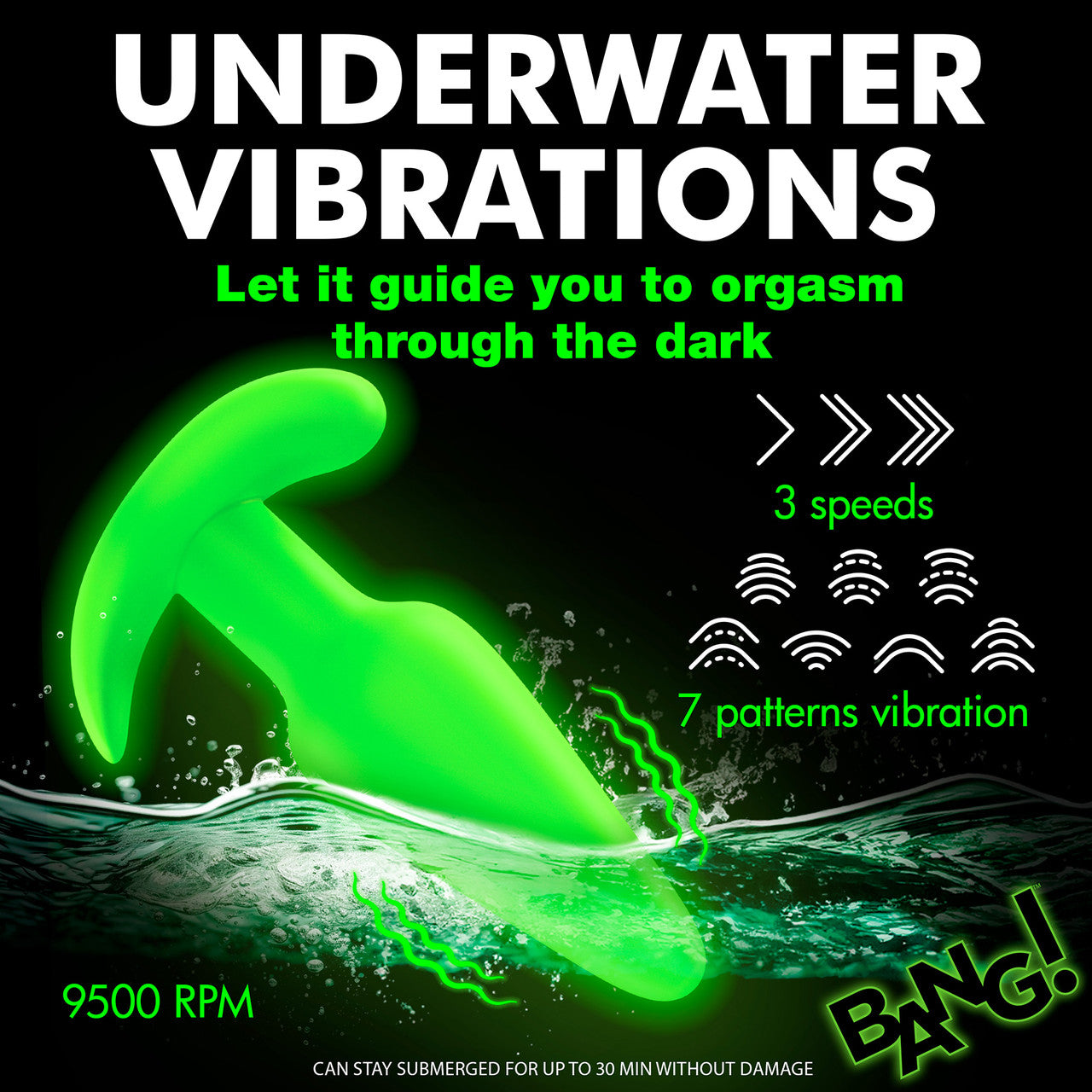 BANG! 21X Rechargeable Waterproof Vibrating Glow In The Dark Silicone Butt Plug With Remote - Green