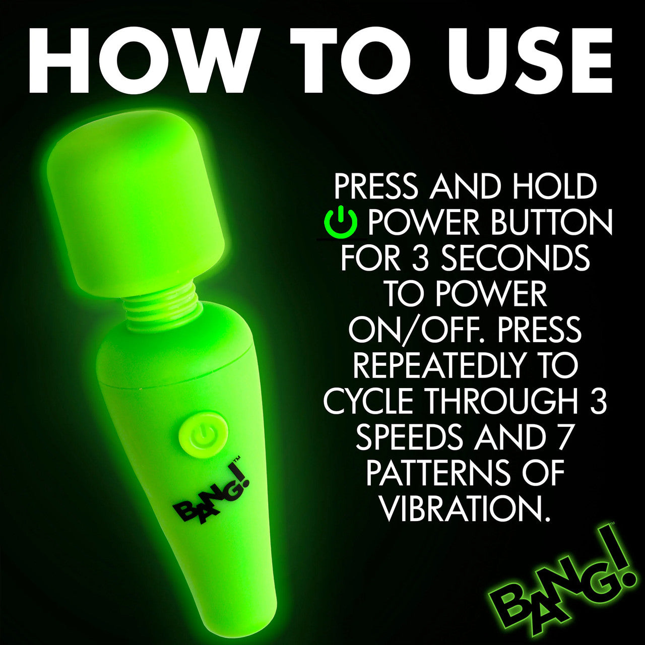 BANG! 10X Rechargeable Silicone Glow In The Dark Mini Wand Vibrator - Green