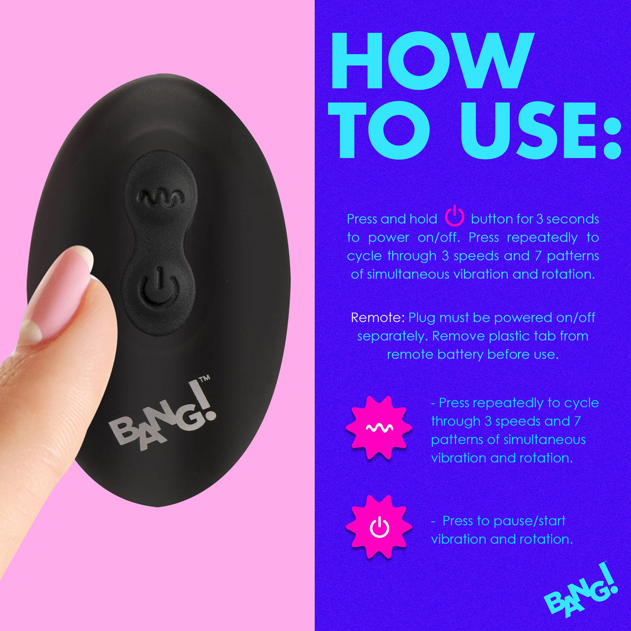 BANG! Rechargeable Rotating & Vibrating Silicone Butt Plug With Remote - Black