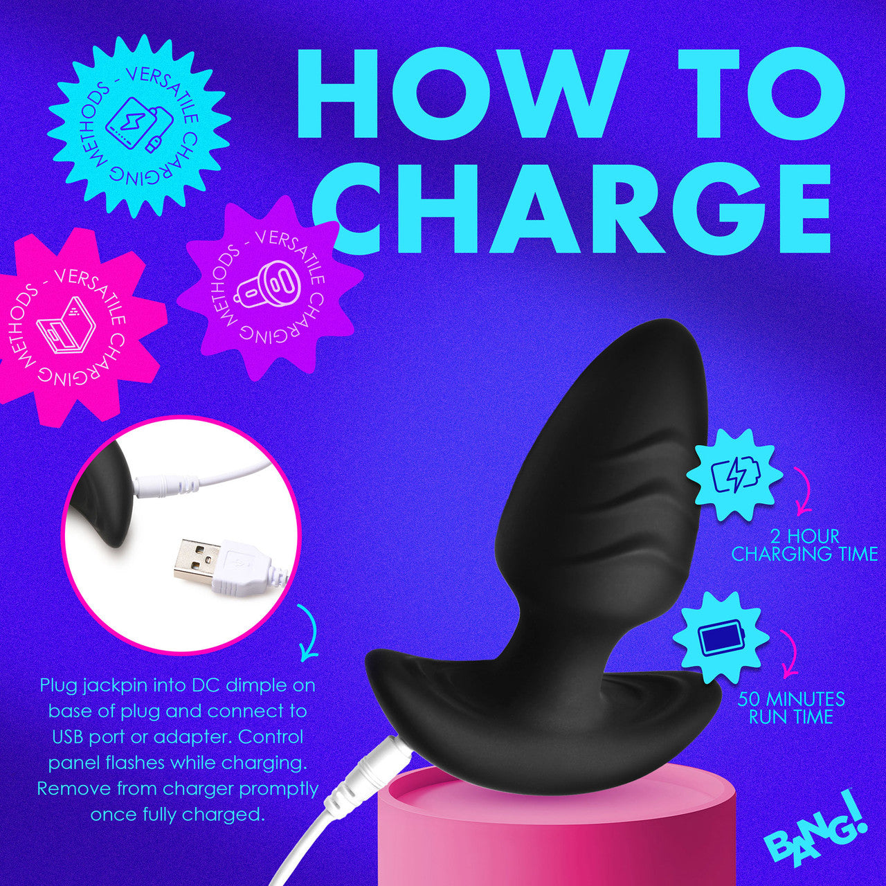 BANG! Rechargeable Rotating & Vibrating Silicone Butt Plug With Remote - Black