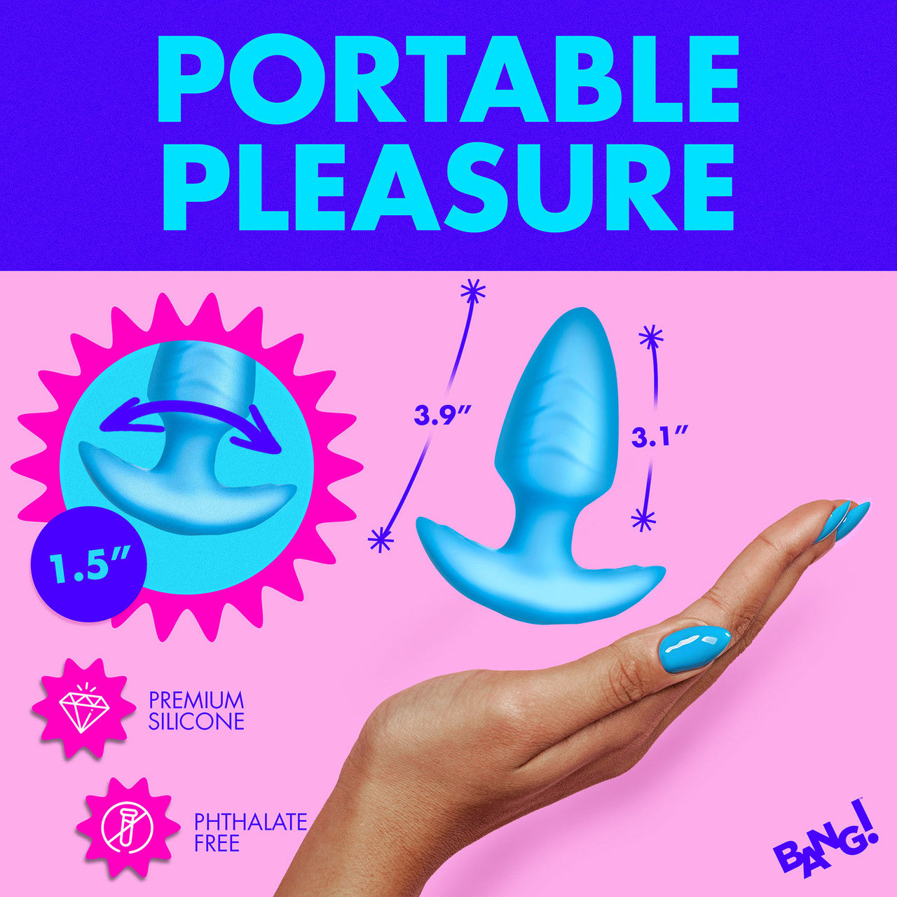 BANG! Rechargeable Rotating & Vibrating Silicone Butt Plug With Remote - Blue