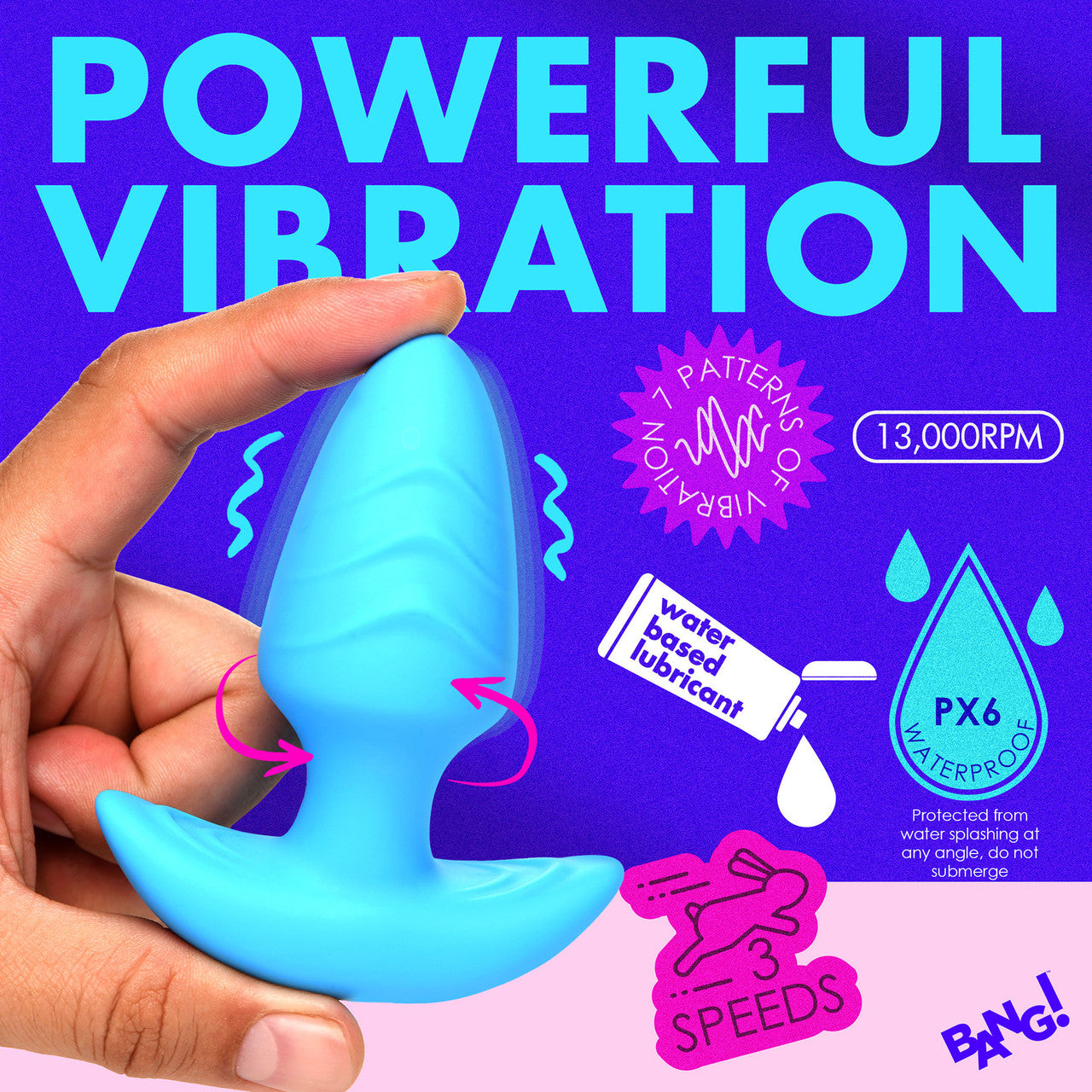 BANG! Rechargeable Rotating & Vibrating Silicone Butt Plug With Remote - Blue