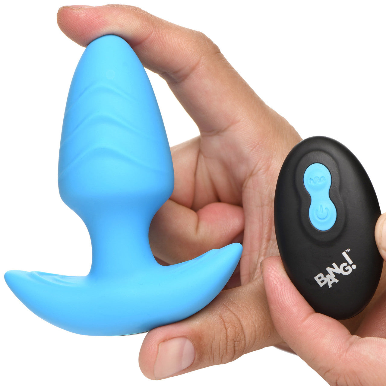 BANG! Rechargeable Rotating & Vibrating Silicone Butt Plug With Remote - Blue