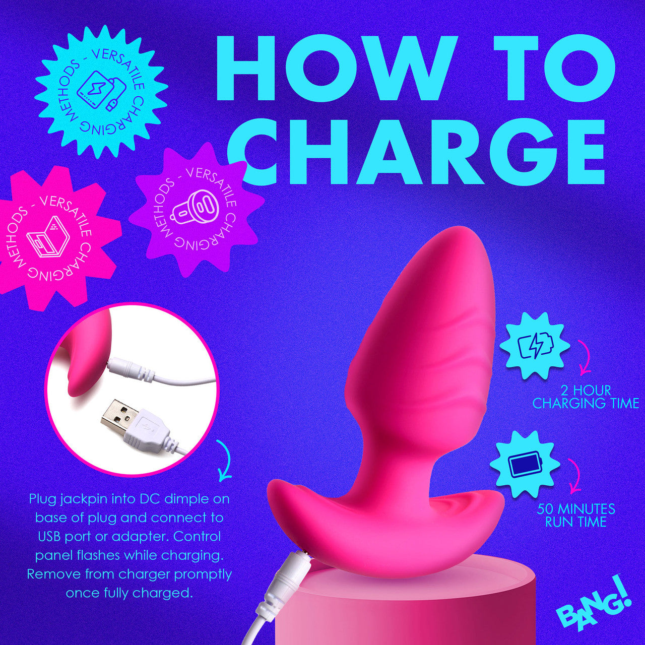 BANG! Rechargeable Rotating & Vibrating Silicone Butt Plug With Remote - Pink