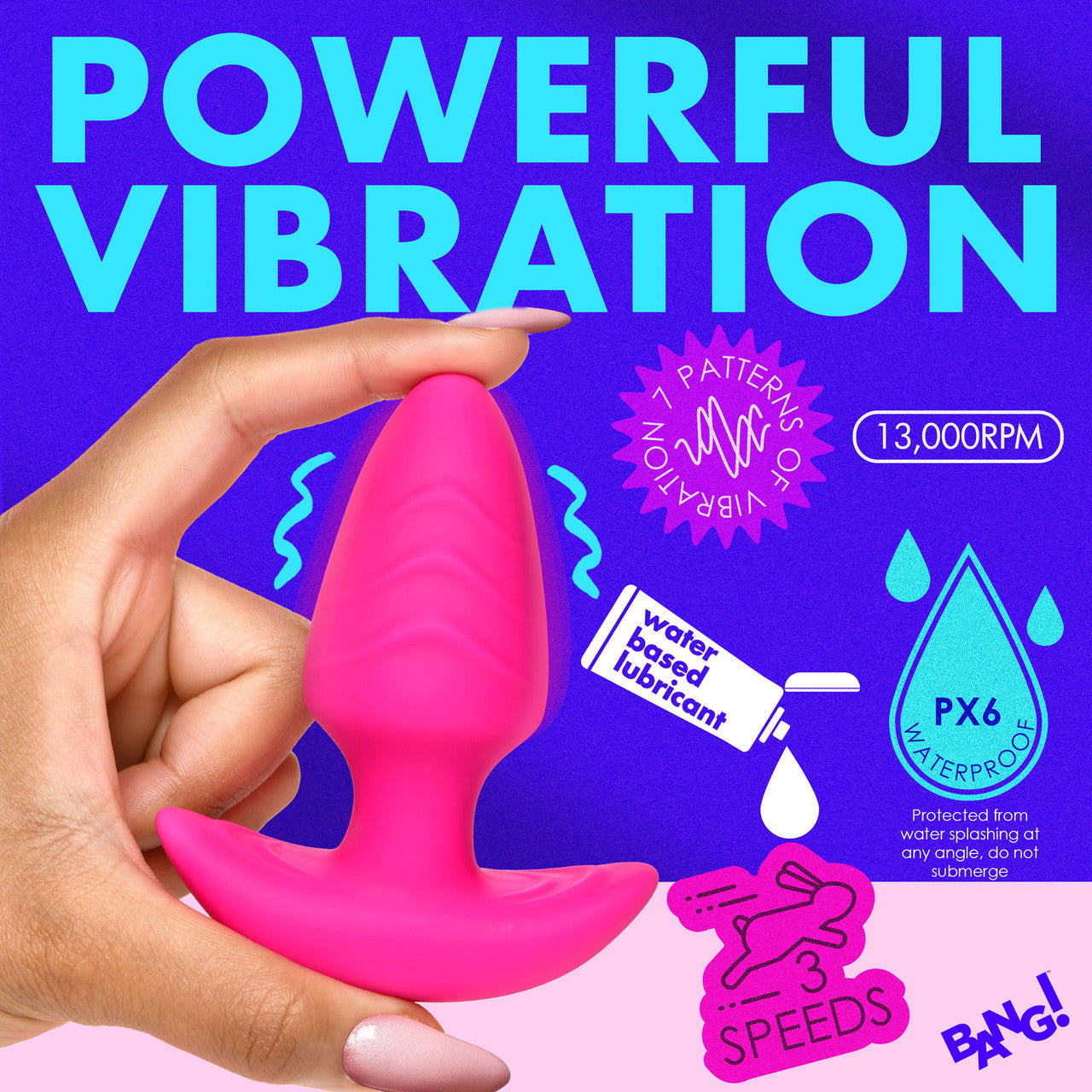 BANG! Rechargeable Rotating & Vibrating Silicone Butt Plug With Remote - Pink