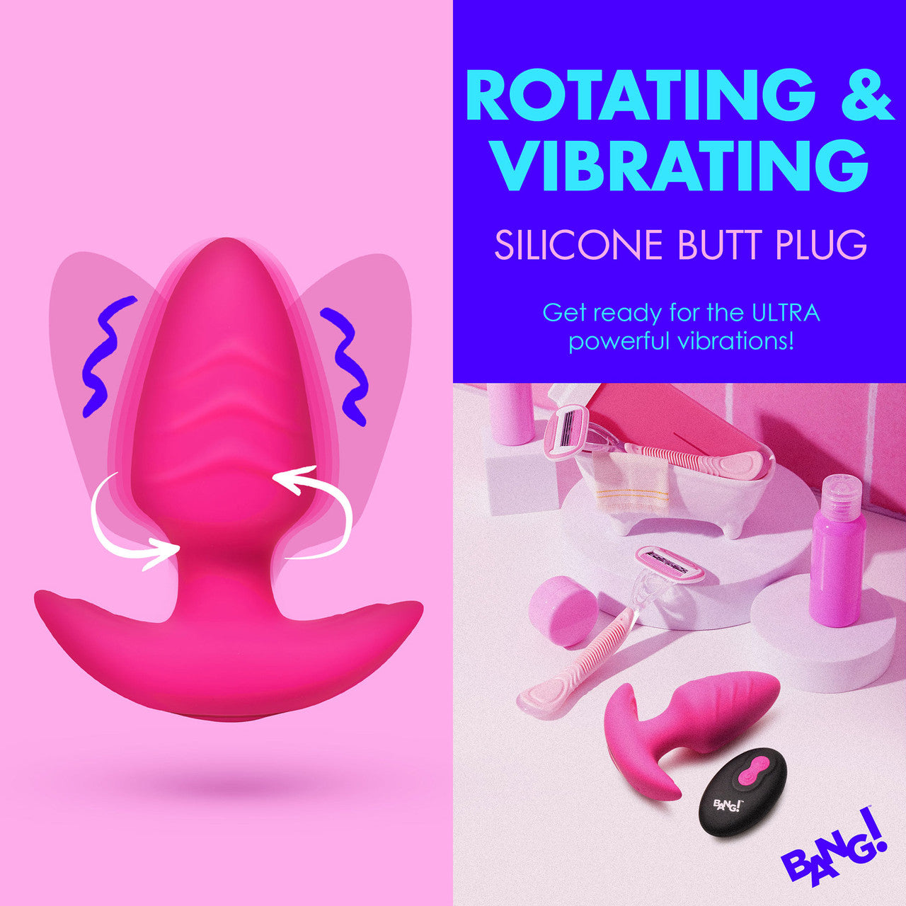 BANG! Rechargeable Rotating & Vibrating Silicone Butt Plug With Remote - Pink