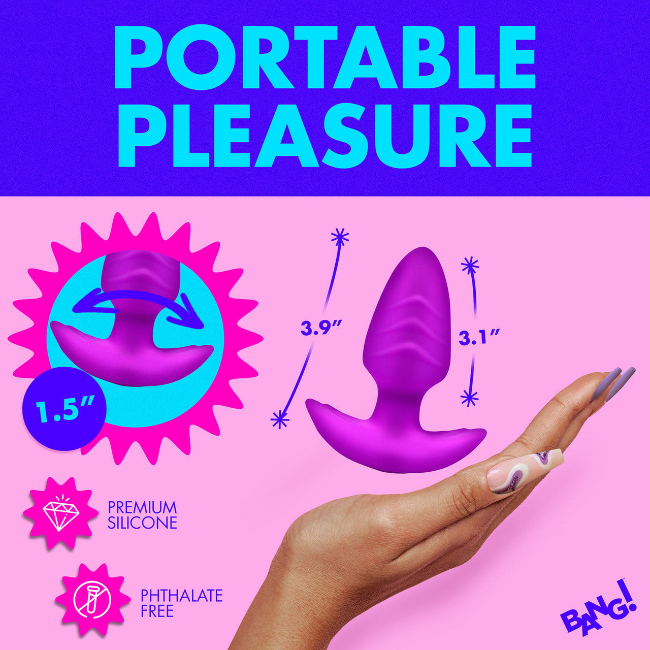 BANG! Rechargeable Rotating & Vibrating Silicone Butt Plug With Remote - Purple