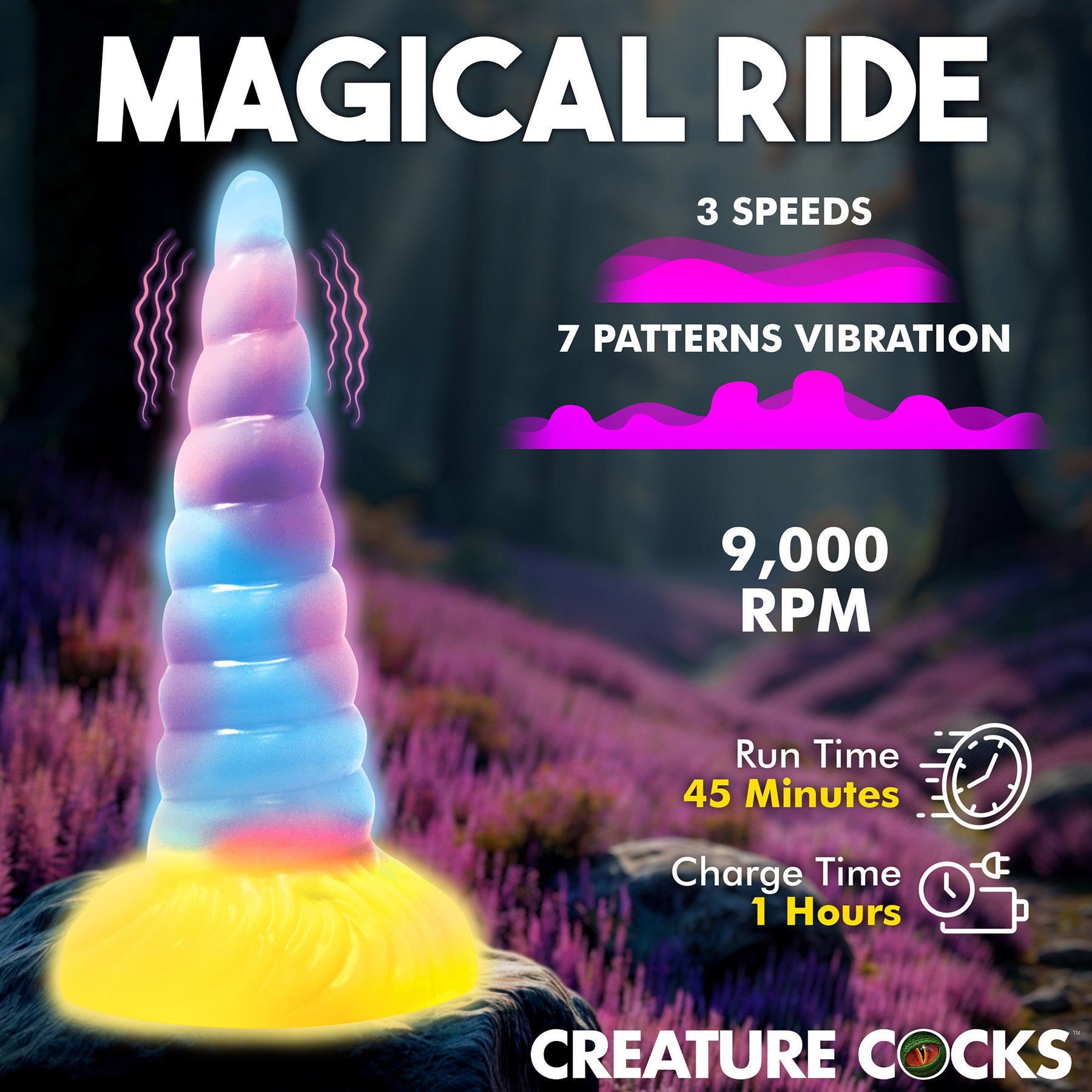 Unicorn Glow-in-the-Dark Vibrating Silicone Dildo With Remote By Creature Cocks