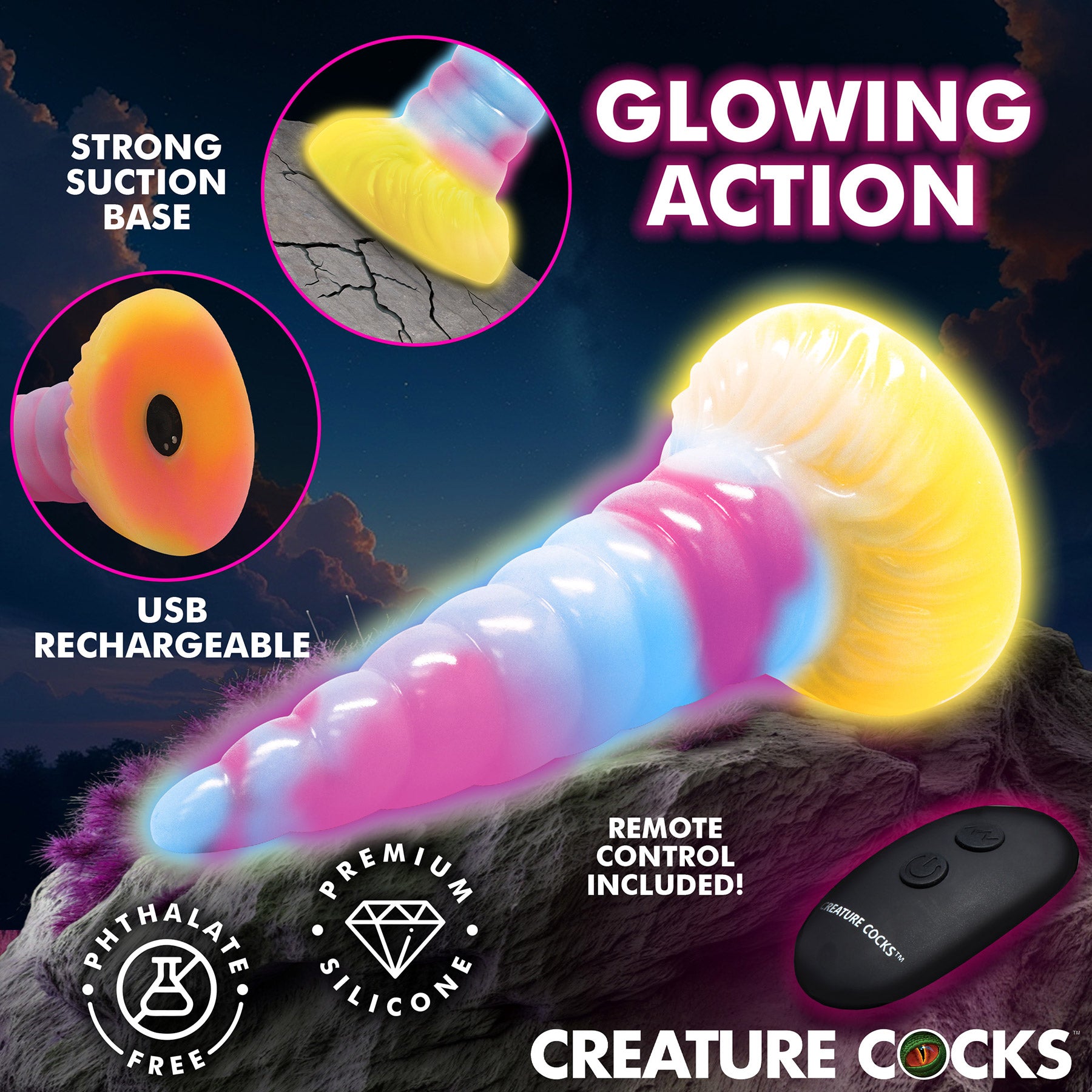 Unicorn Glow-in-the-Dark Vibrating Silicone Dildo With Remote By Creature Cocks