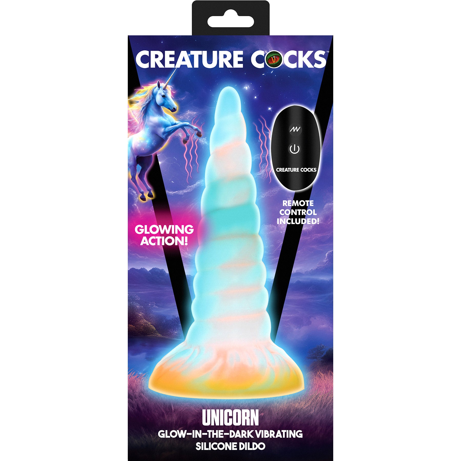 Unicorn Glow-in-the-Dark Vibrating Silicone Dildo With Remote By Creature Cocks