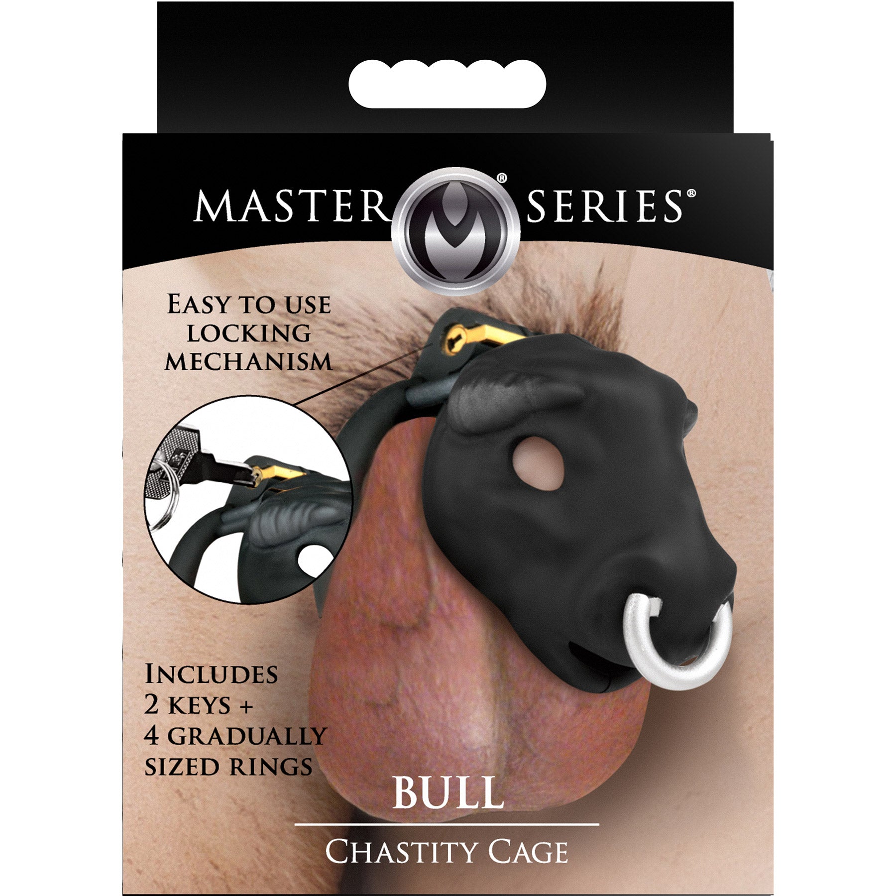 Master Series Bull Chastity Cage With 4 Gradually Sized Rings - Black