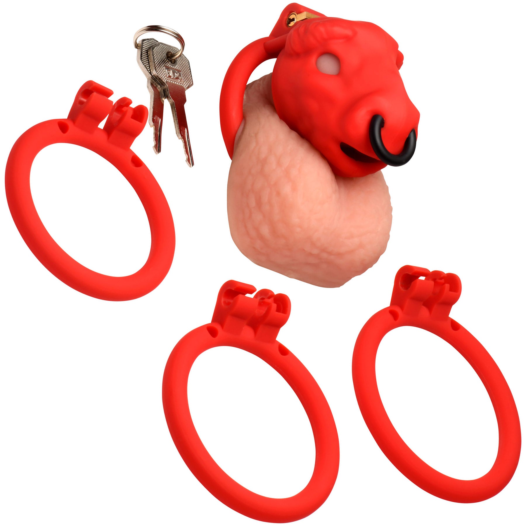 Master Series Bull Chastity Cage With 4 Gradually Sized Rings - Red