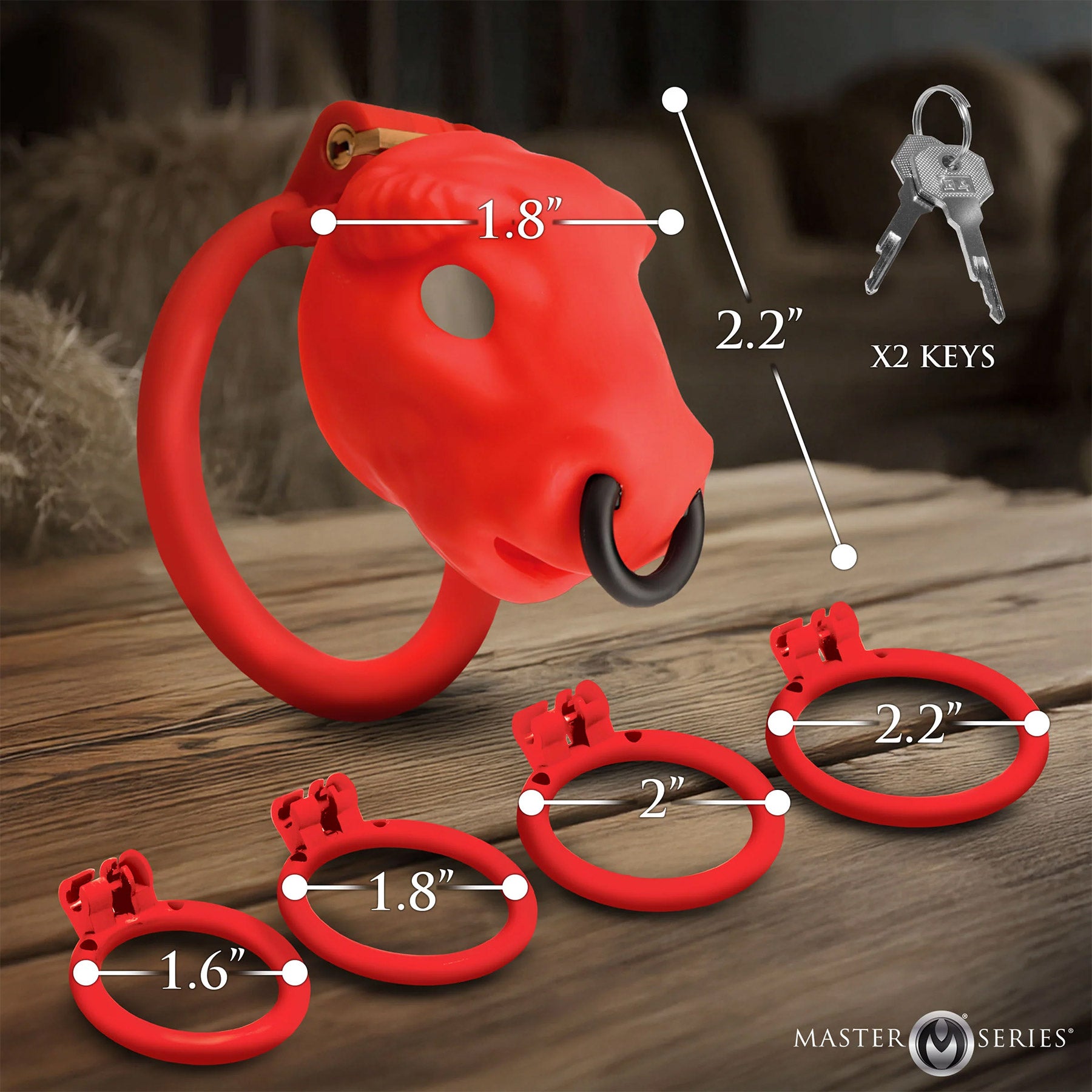 Master Series Bull Chastity Cage With 4 Gradually Sized Rings - Red