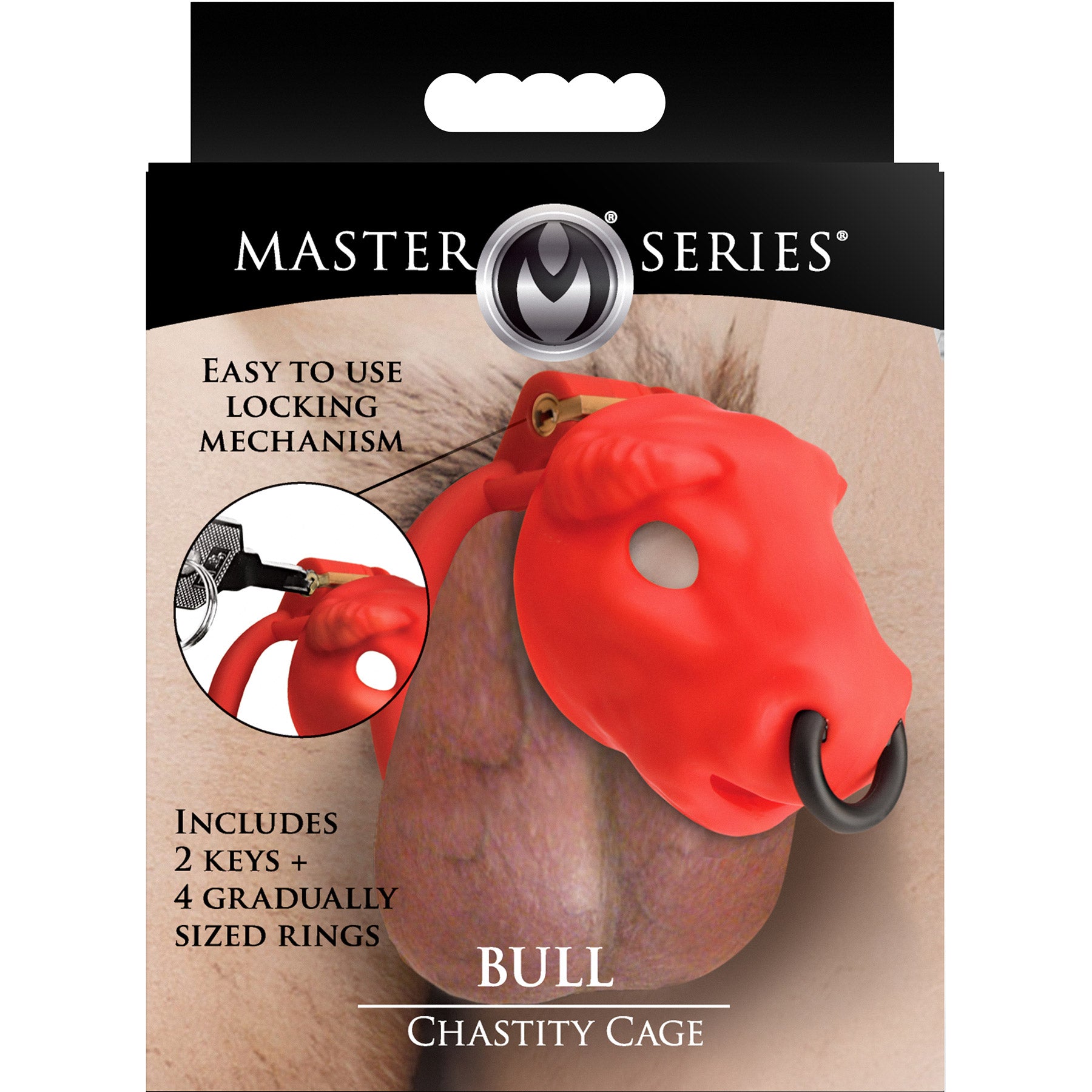 Master Series Bull Chastity Cage With 4 Gradually Sized Rings - Red