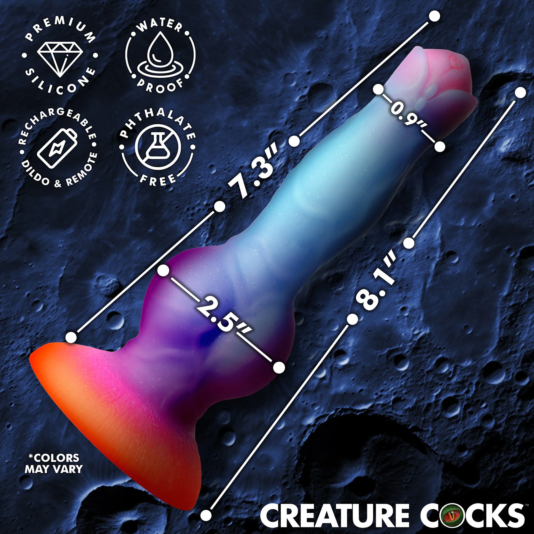 Astro Cock 8" Vibrating Glow-in-the-Dark Silicone Suction Cup Dildo With Remote By Creature Cocks