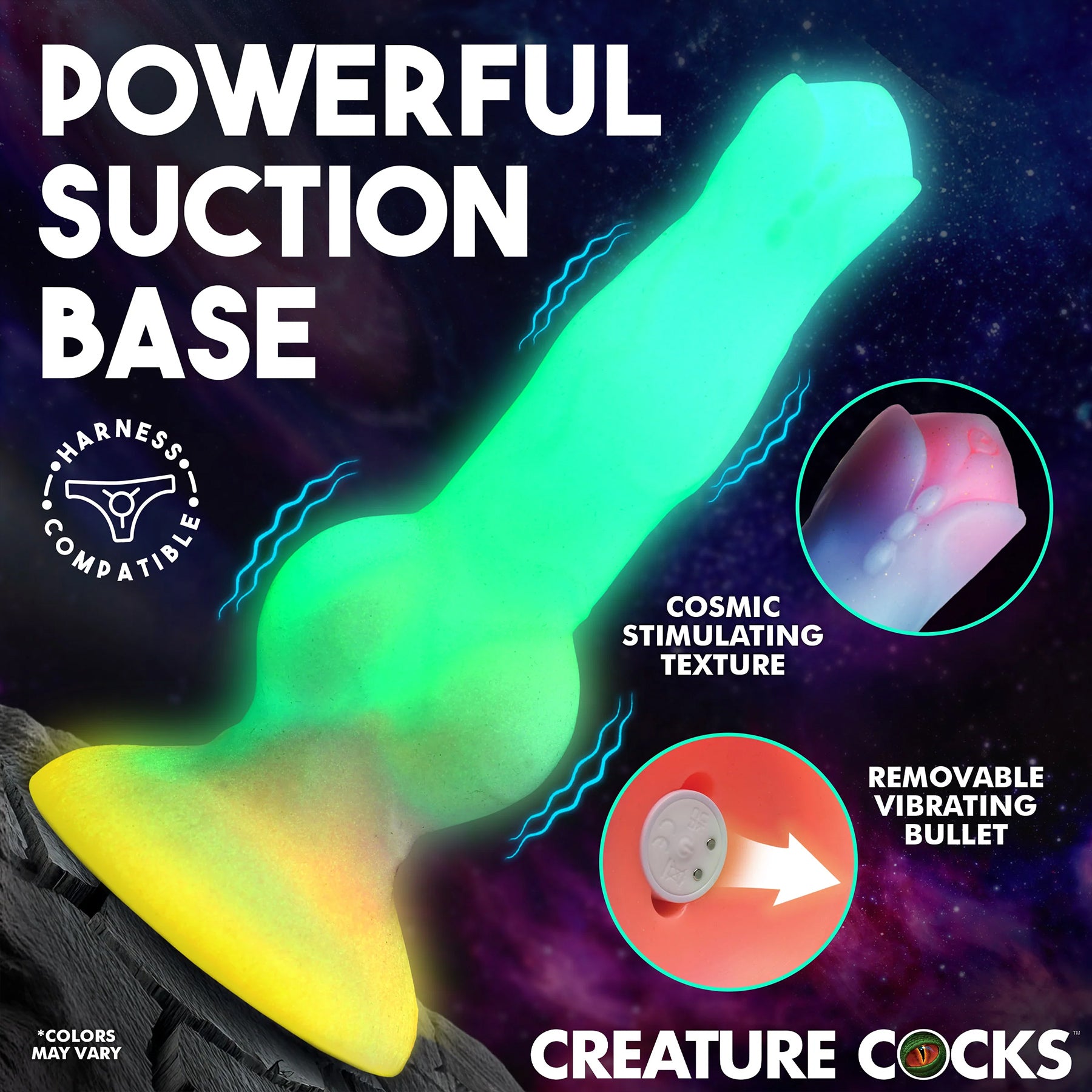 Astro Cock 8" Vibrating Glow-in-the-Dark Silicone Suction Cup Dildo With Remote By Creature Cocks