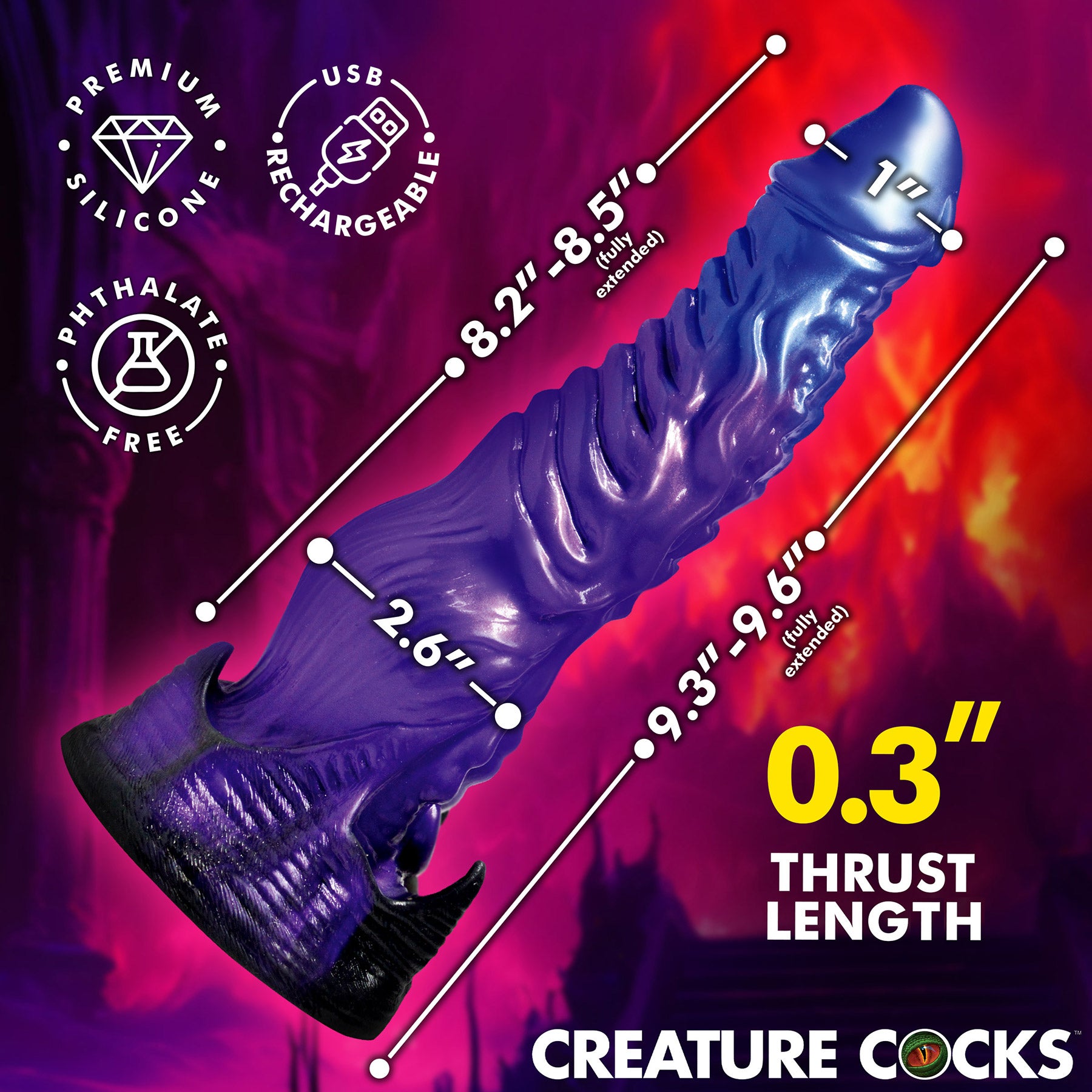 Diabolos 9" Thrusting & Vibrating Silicone Suction Cup Dildo With Remote By Creature Cocks