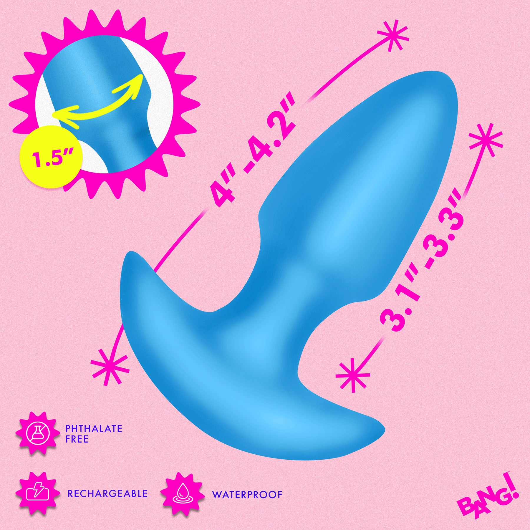BANG! Thrusting & Vibrating Rechargeable Silicone Butt Plug - Blue