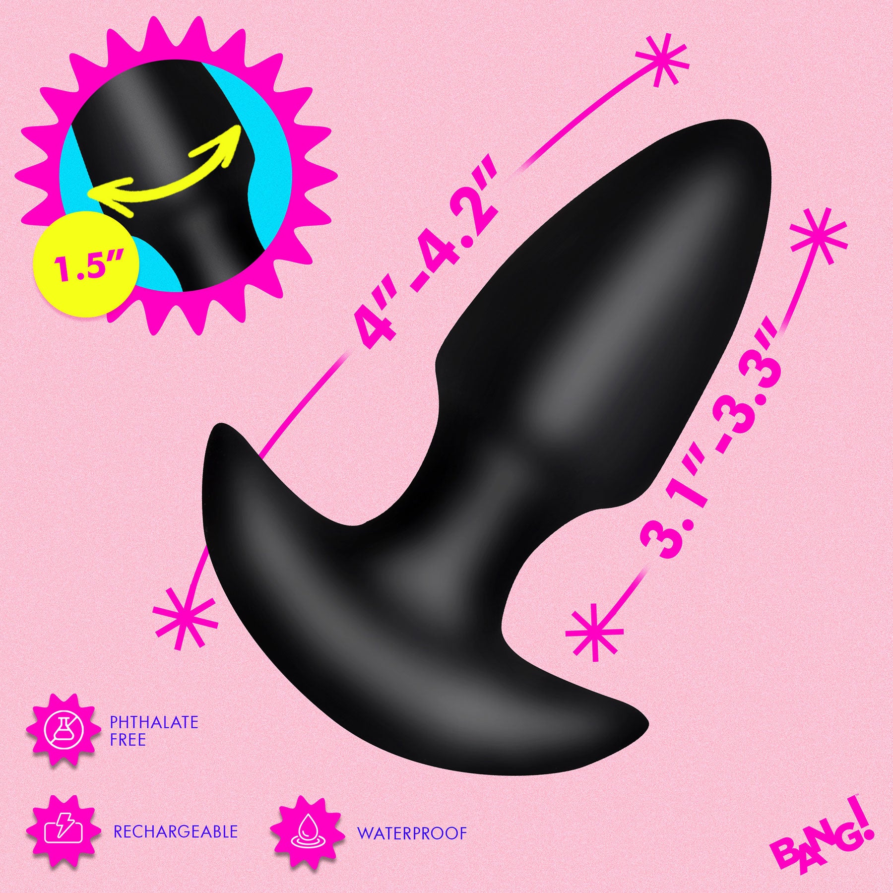 BANG! Thrusting & Vibrating Rechargeable Silicone Butt Plug - Black