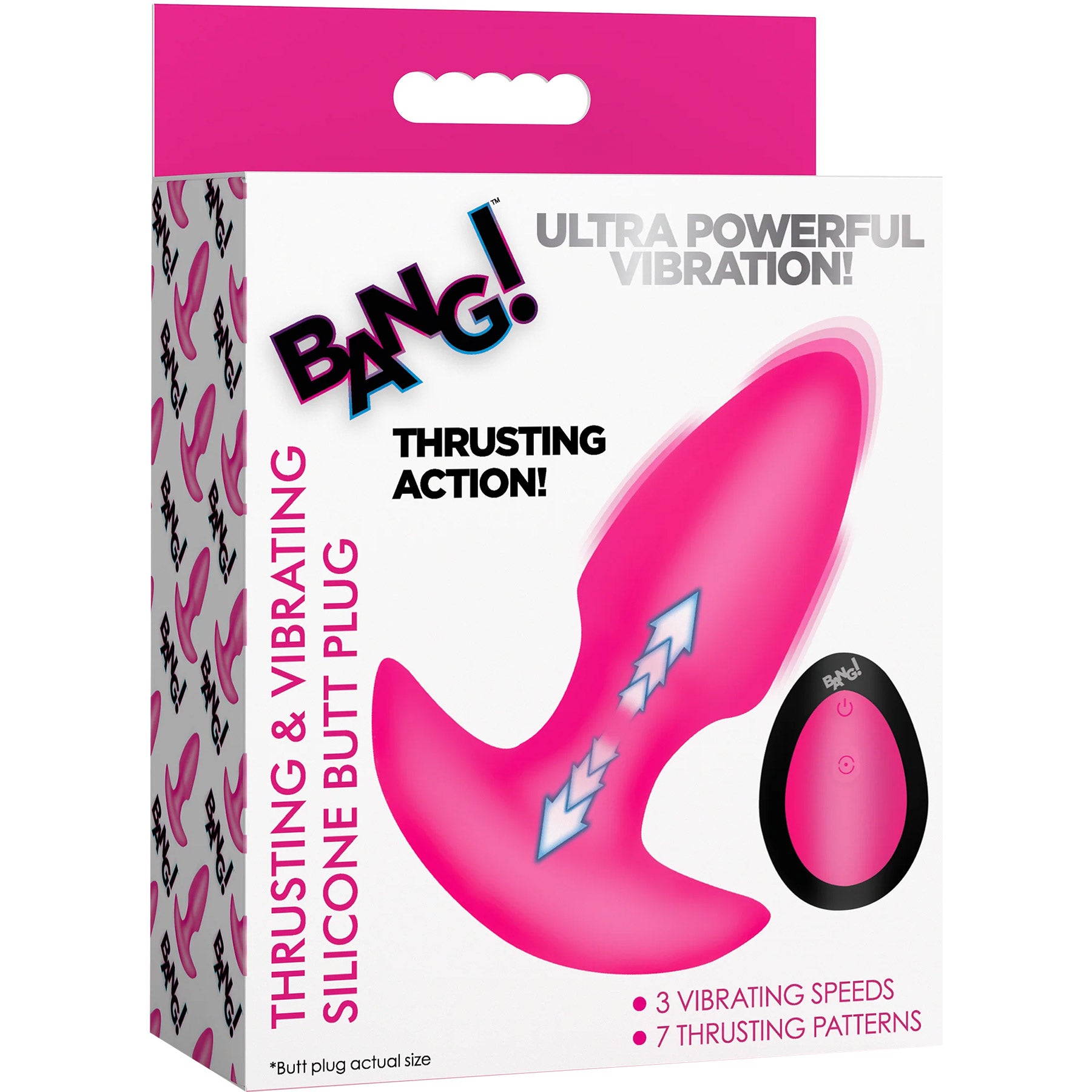 BANG! Thrusting & Vibrating Rechargeable Silicone Butt Plug - Pink