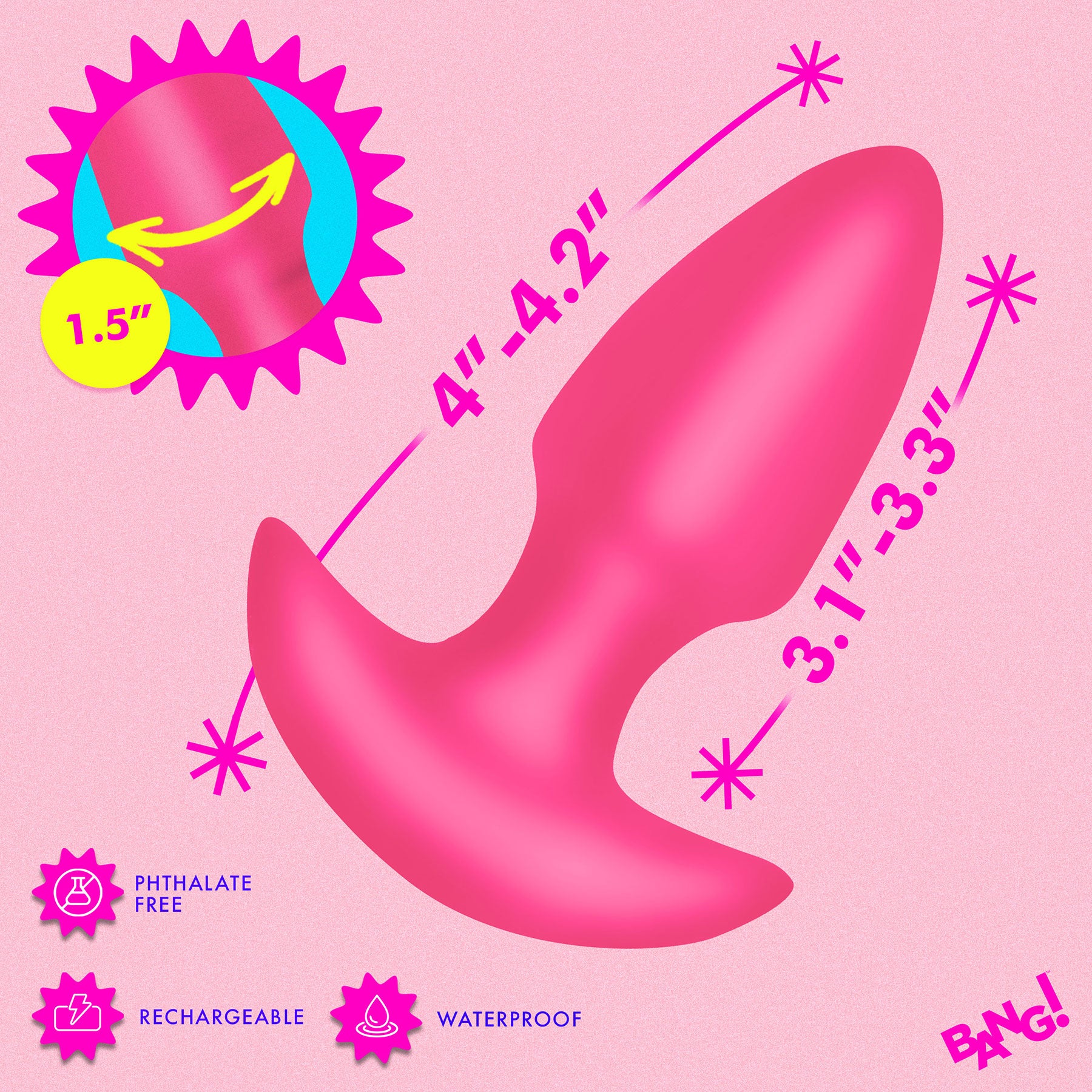 BANG! Thrusting & Vibrating Rechargeable Silicone Butt Plug - Pink