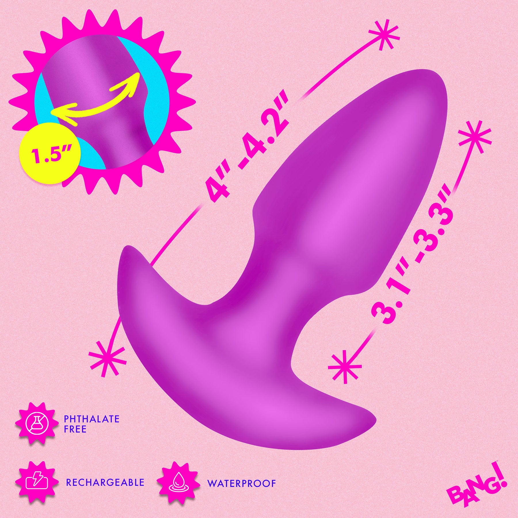 BANG! Thrusting & Vibrating Rechargeable Silicone Butt Plug - Purple