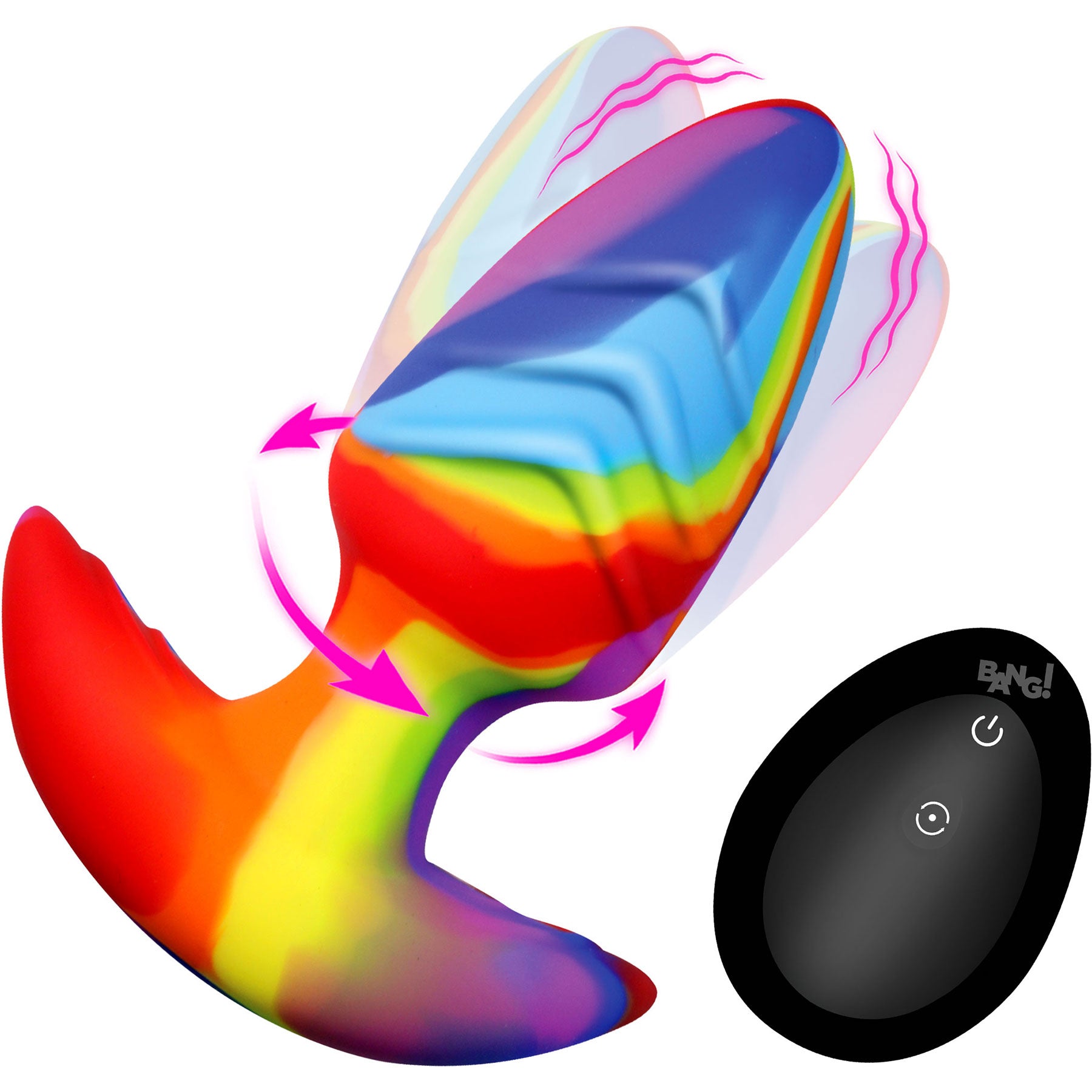 BANG! Rainbow Rechargeable Rotating & Vibrating Silicone Butt Plug With Remote