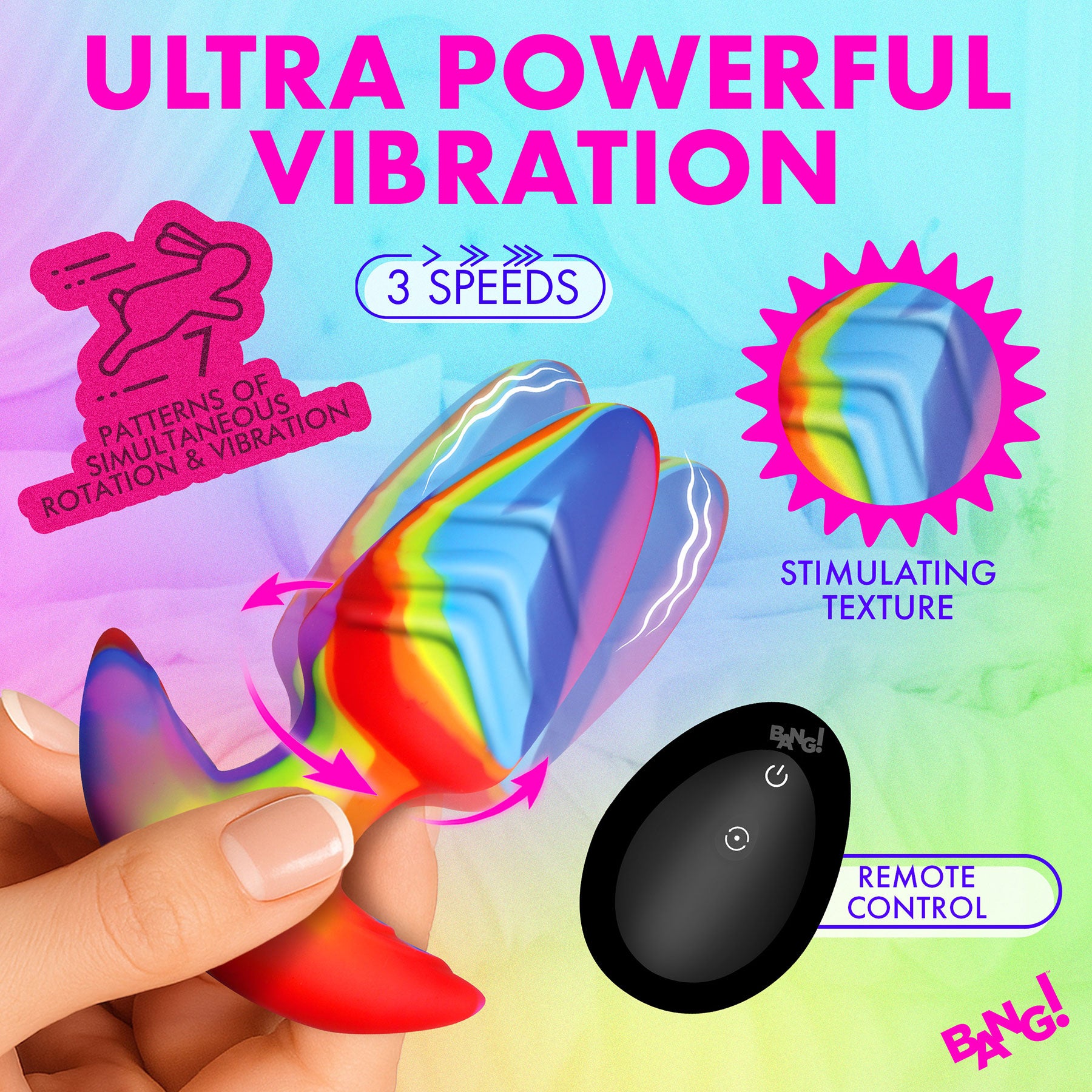BANG! Rainbow Rechargeable Rotating & Vibrating Silicone Butt Plug With Remote