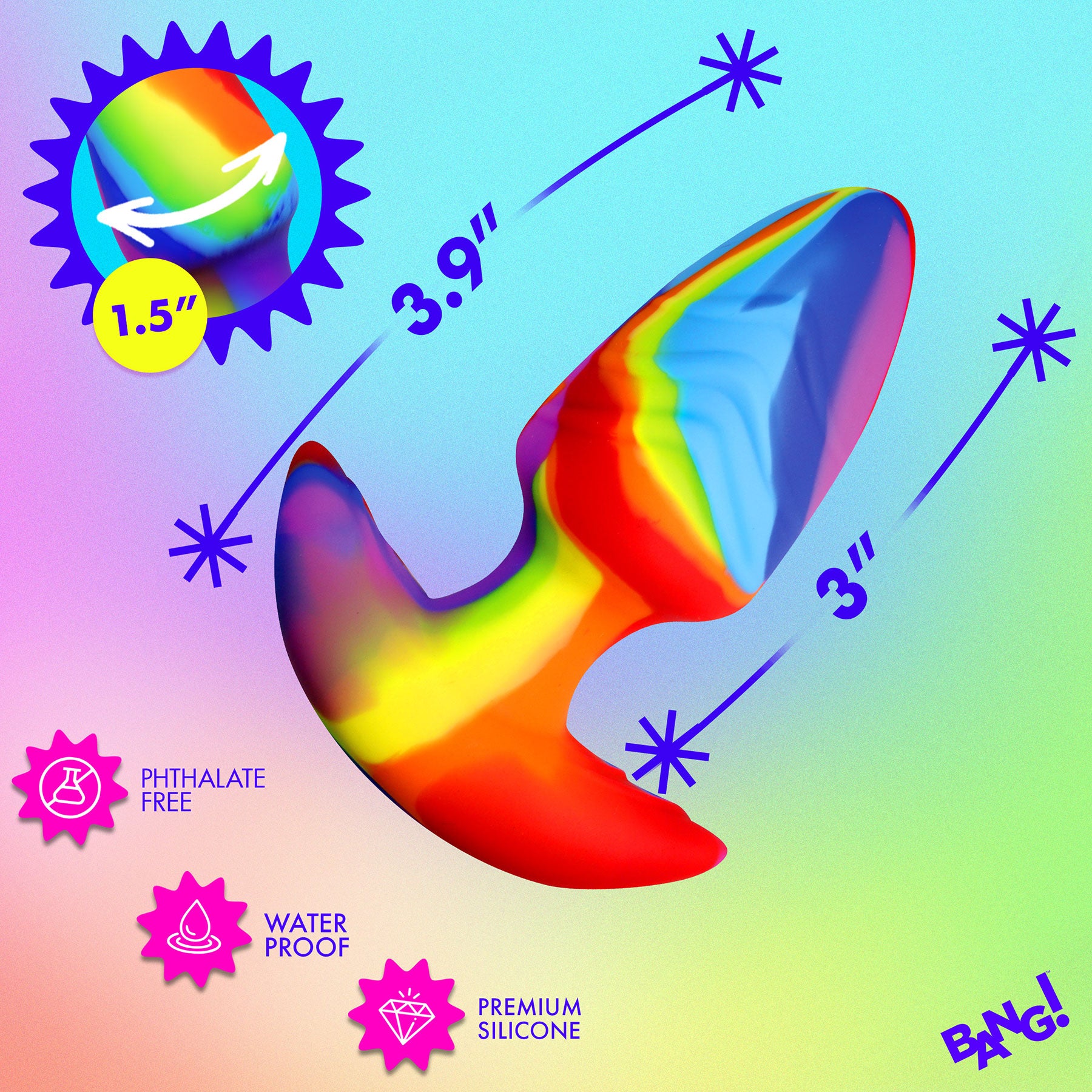 BANG! Rainbow Rechargeable Rotating & Vibrating Silicone Butt Plug With Remote