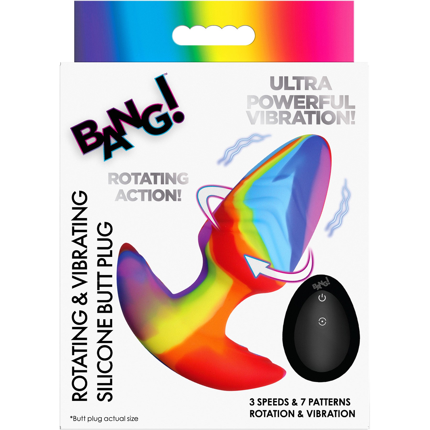 BANG! Rainbow Rechargeable Rotating & Vibrating Silicone Butt Plug With Remote